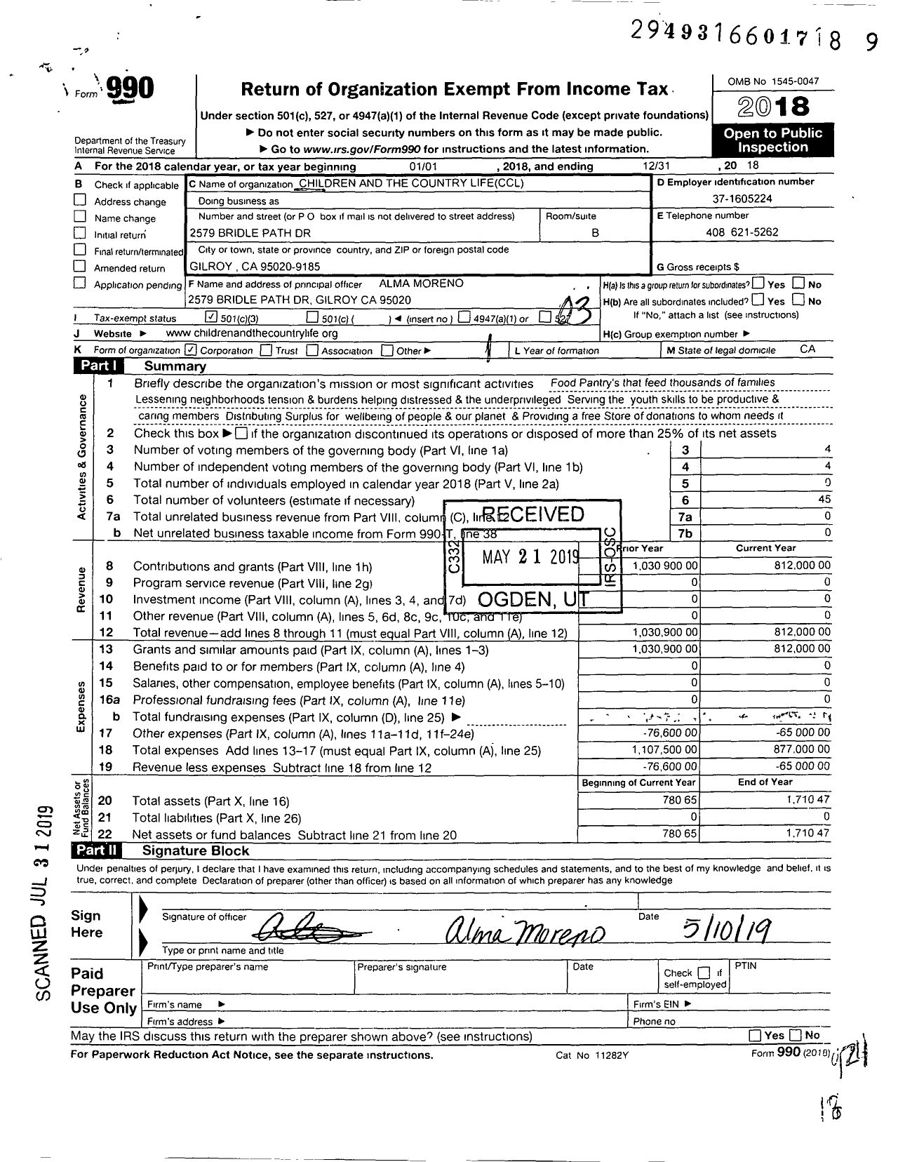 Image of first page of 2018 Form 990 for Children and The Country Life (CCL)