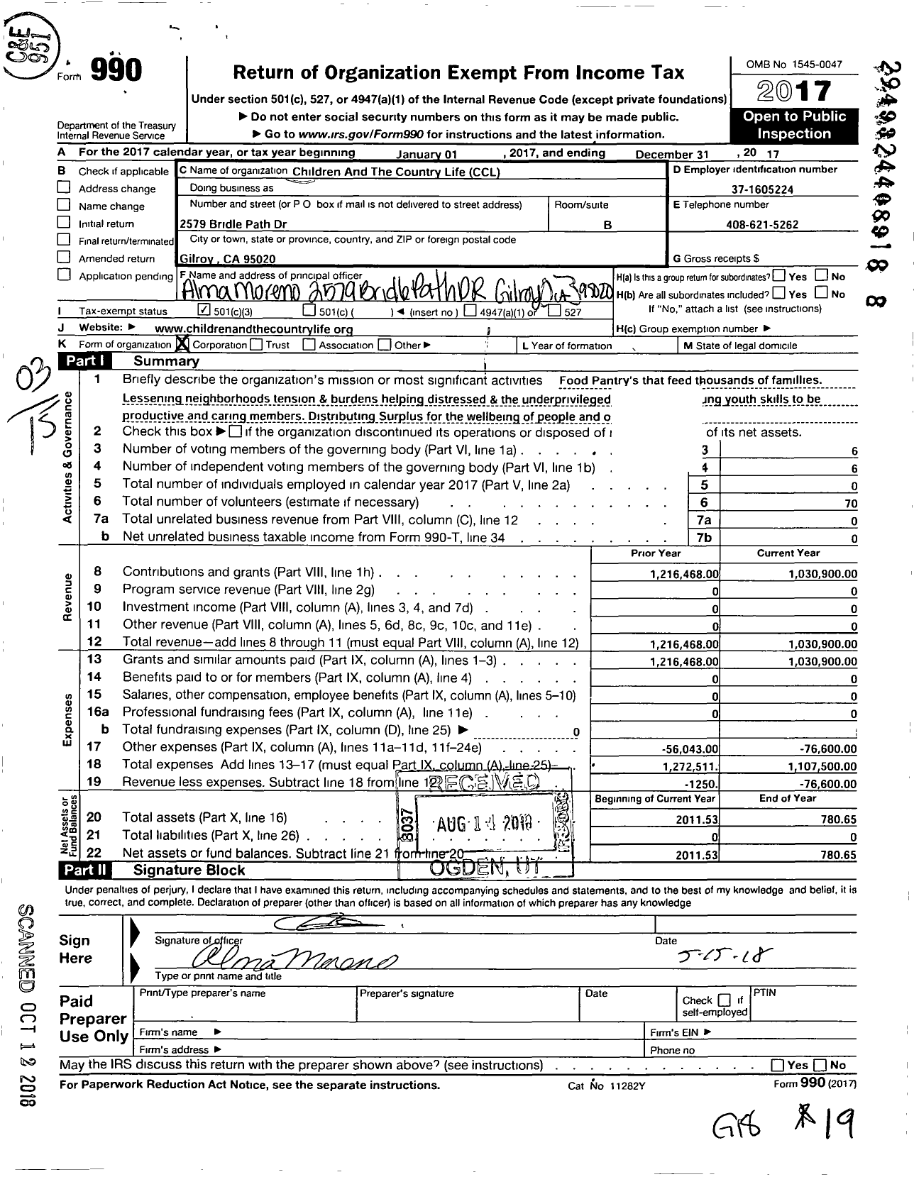 Image of first page of 2017 Form 990 for Children and The Country Life (CCL)