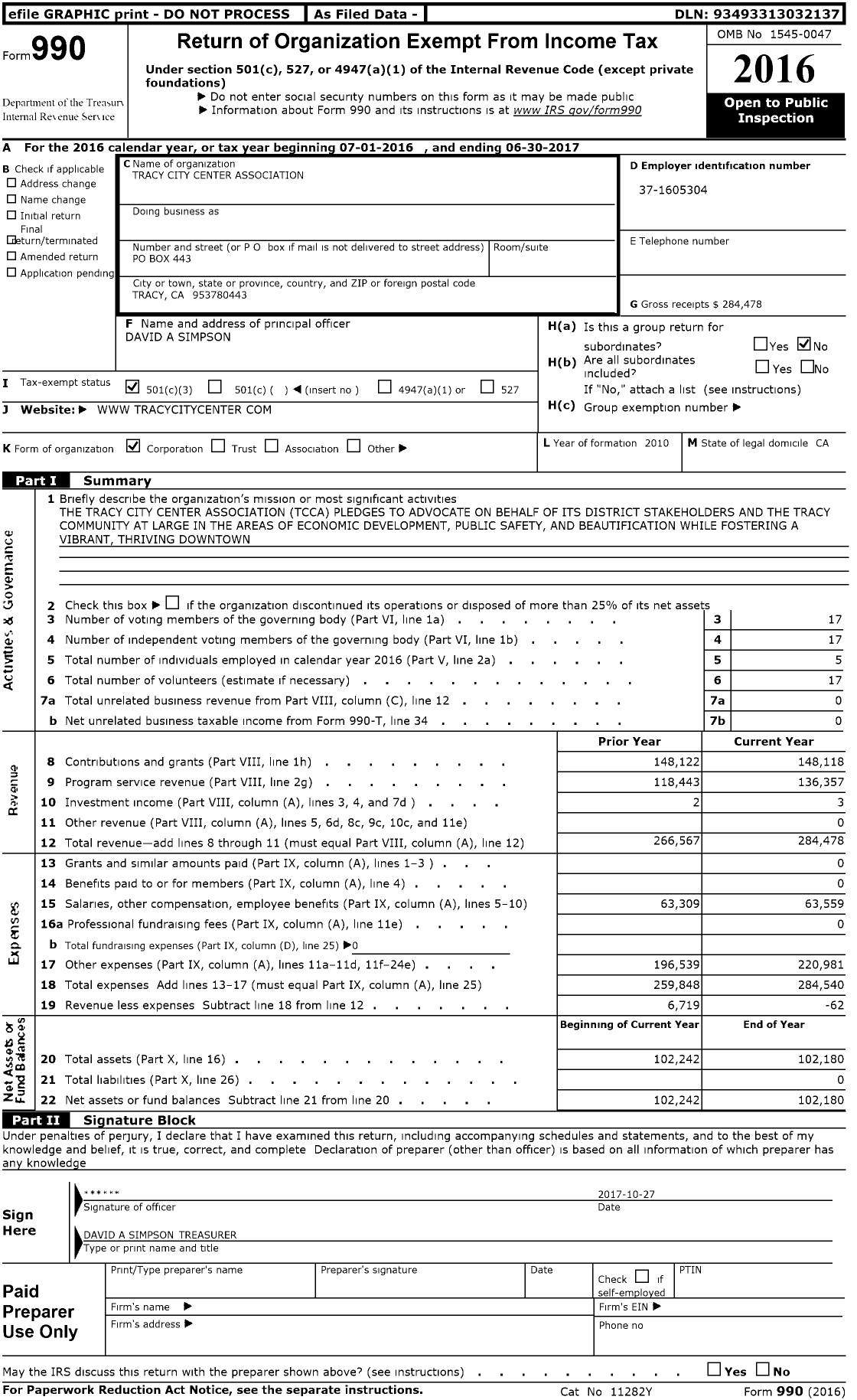Image of first page of 2016 Form 990 for Tracy City Center Association