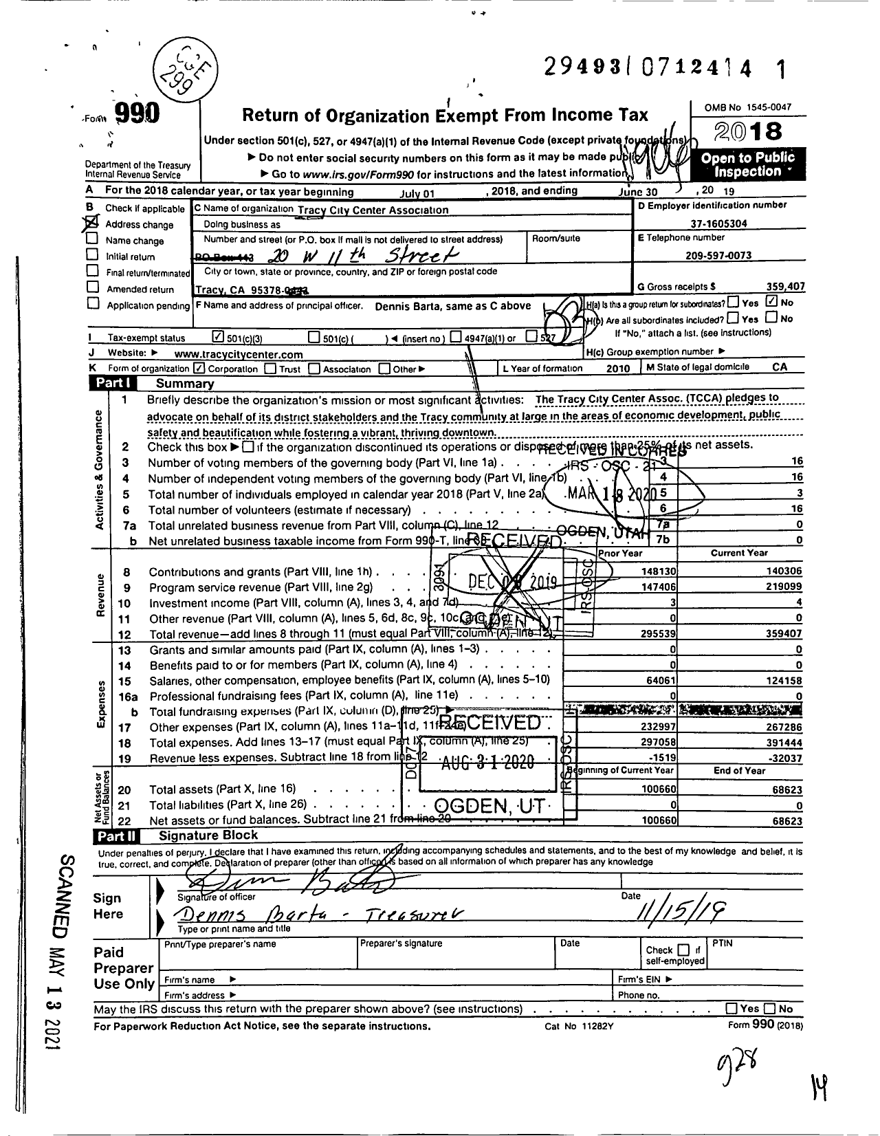 Image of first page of 2018 Form 990 for Tracy City Center Association
