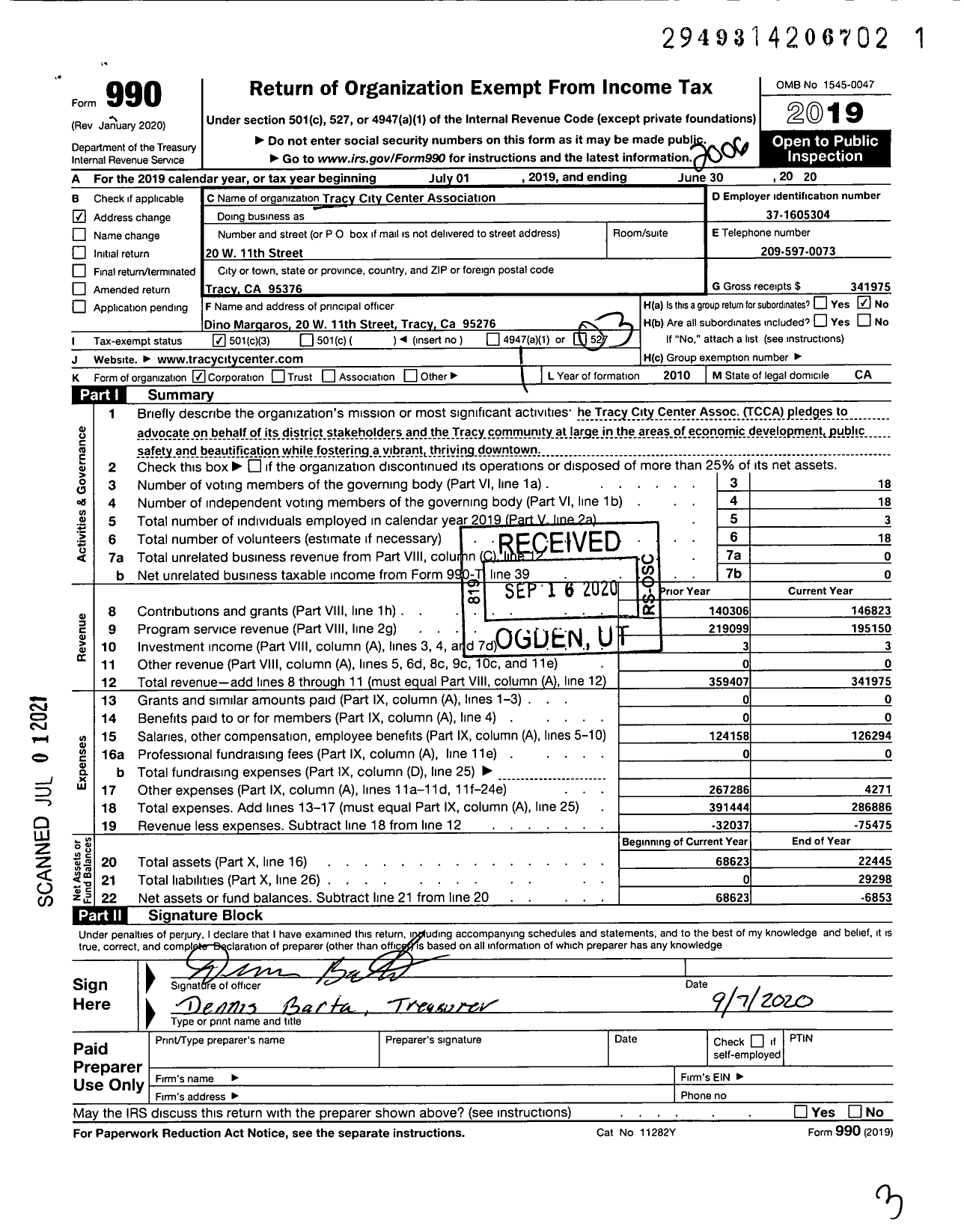 Image of first page of 2019 Form 990 for Tracy City Center Association