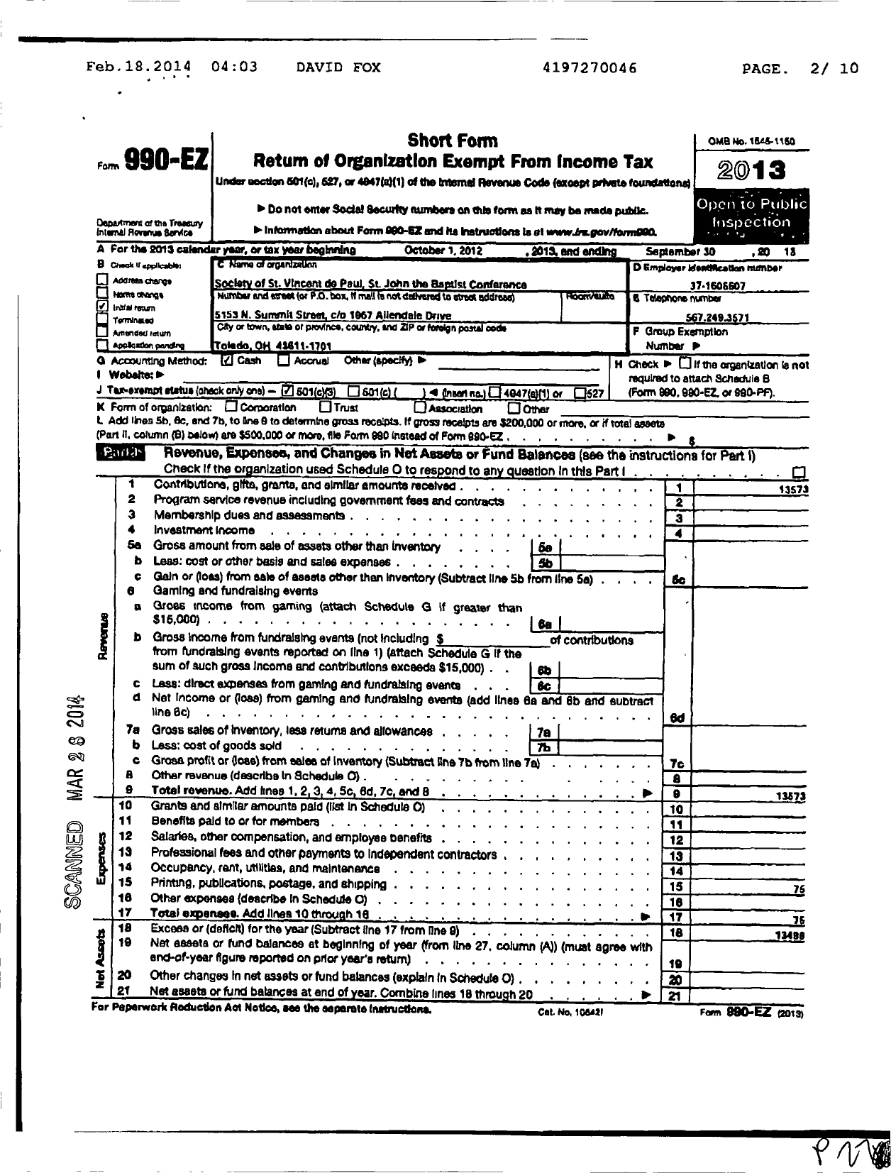 Image of first page of 2012 Form 990EZ for Diocesan Council of Toledo Society of St Vincent de Paul / St John the Baptist