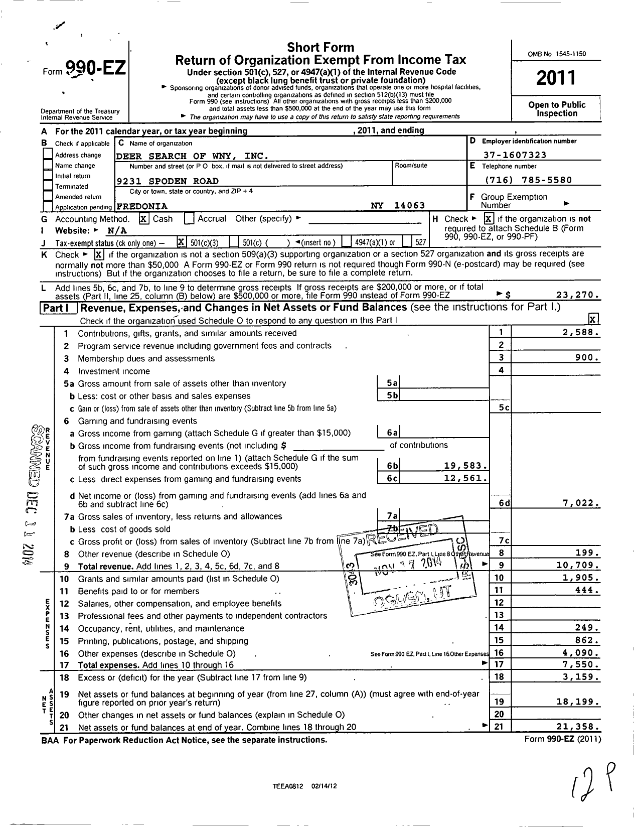 Image of first page of 2011 Form 990EZ for Deer Search of Wny