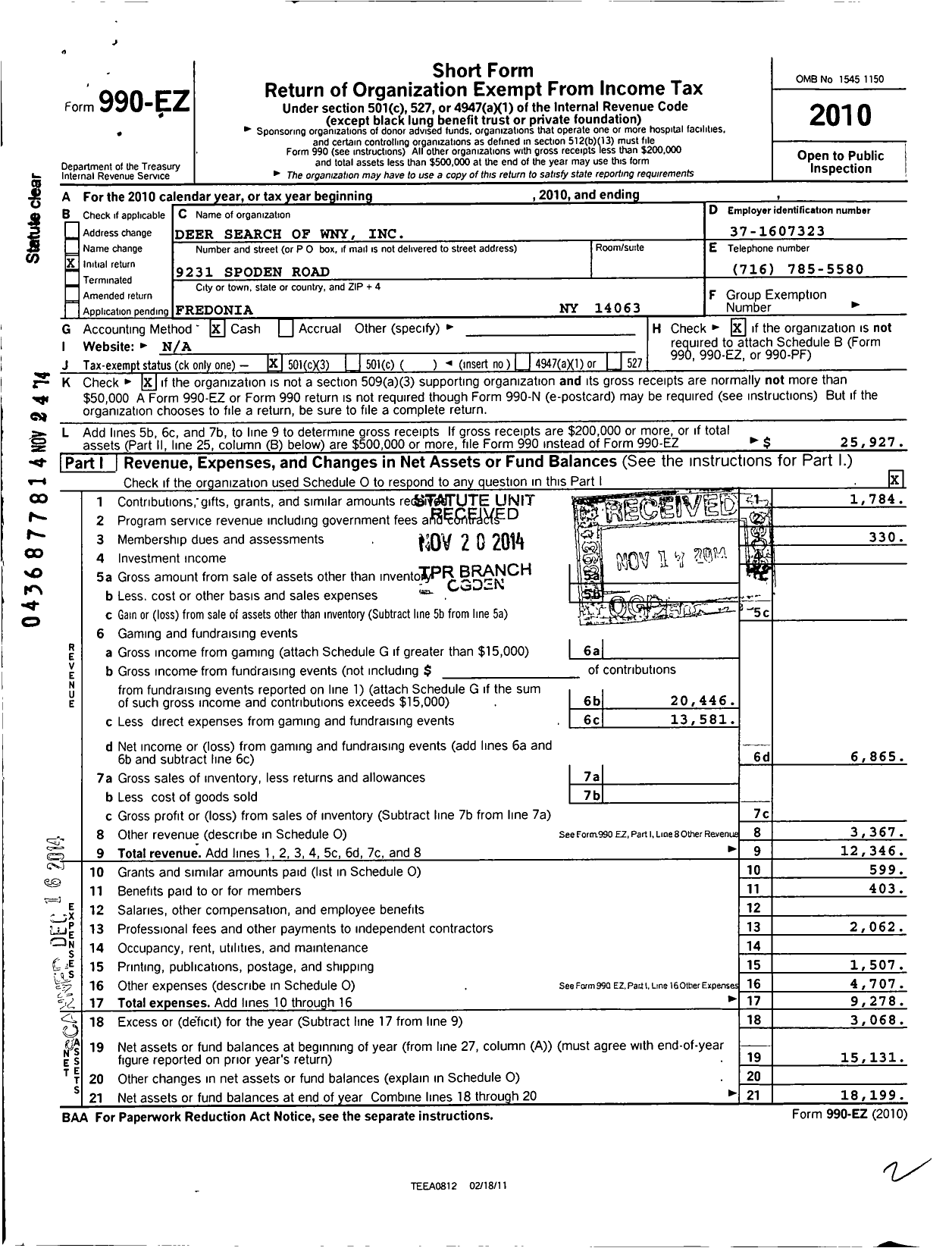 Image of first page of 2010 Form 990EZ for Deer Search of Wny