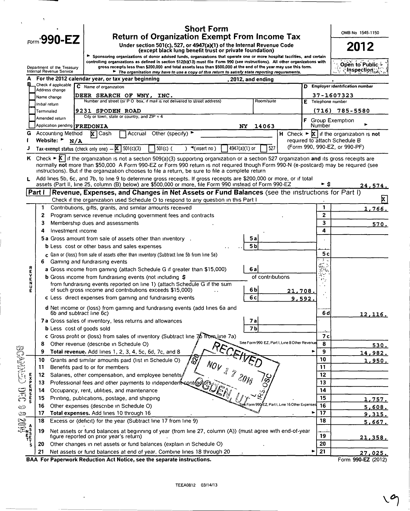 Image of first page of 2012 Form 990EZ for Deer Search of Wny