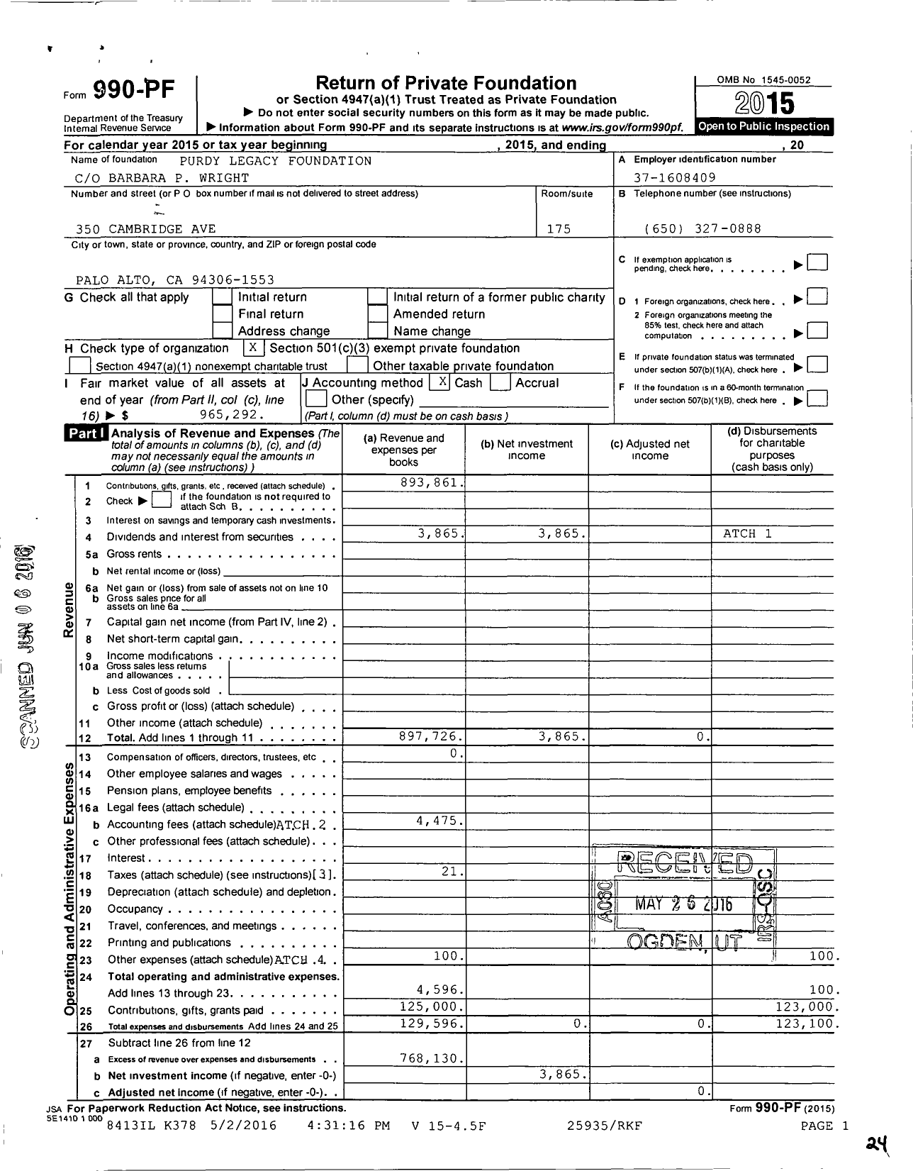 Image of first page of 2015 Form 990PF for Purdy Legacy Foundation