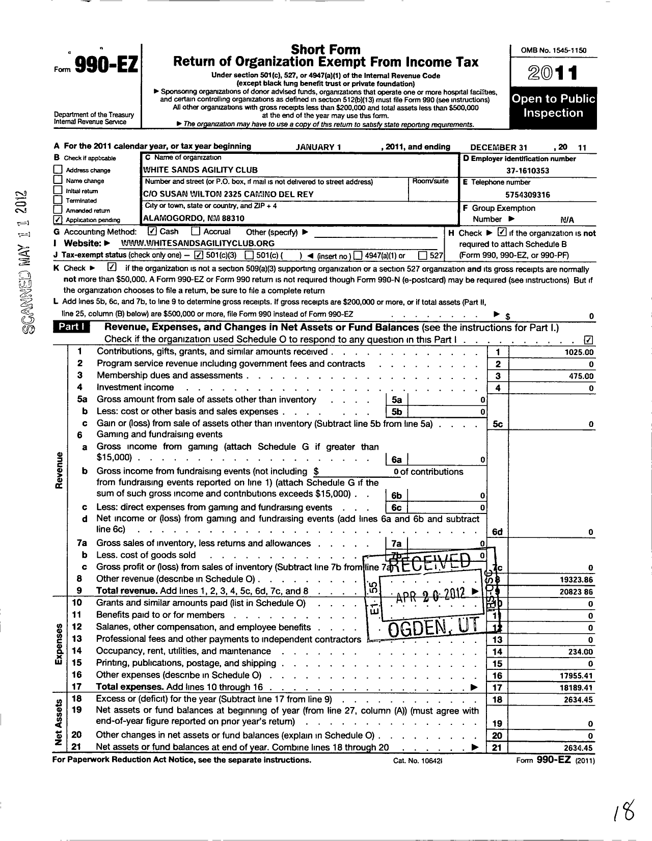 Image of first page of 2011 Form 990EZ for White Sands Agility Club