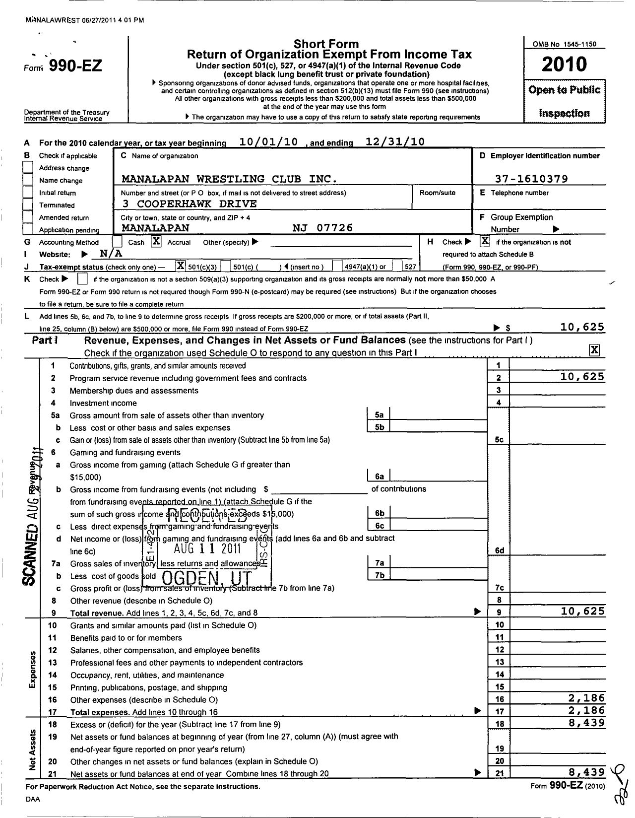 Image of first page of 2010 Form 990EZ for Manalapan Wrestling Club