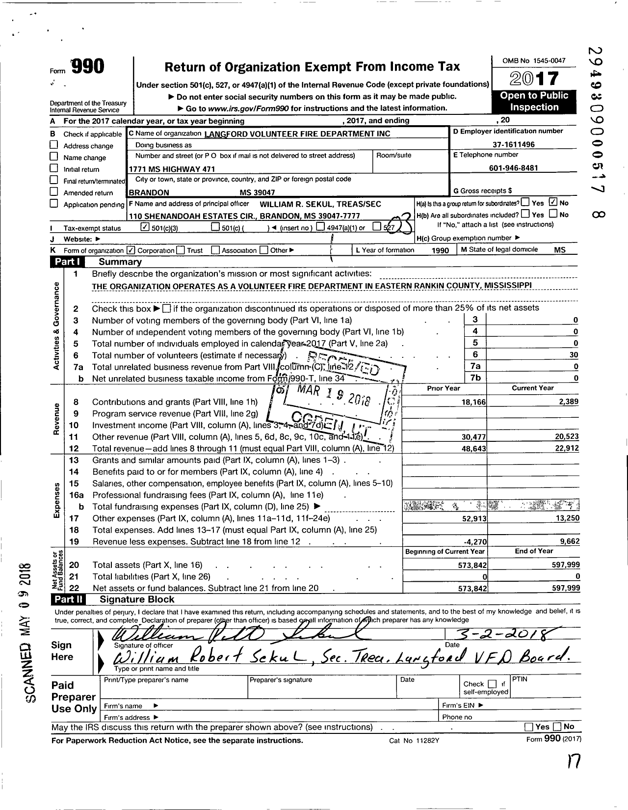 Image of first page of 2017 Form 990 for Langford Volunteer Fire Department