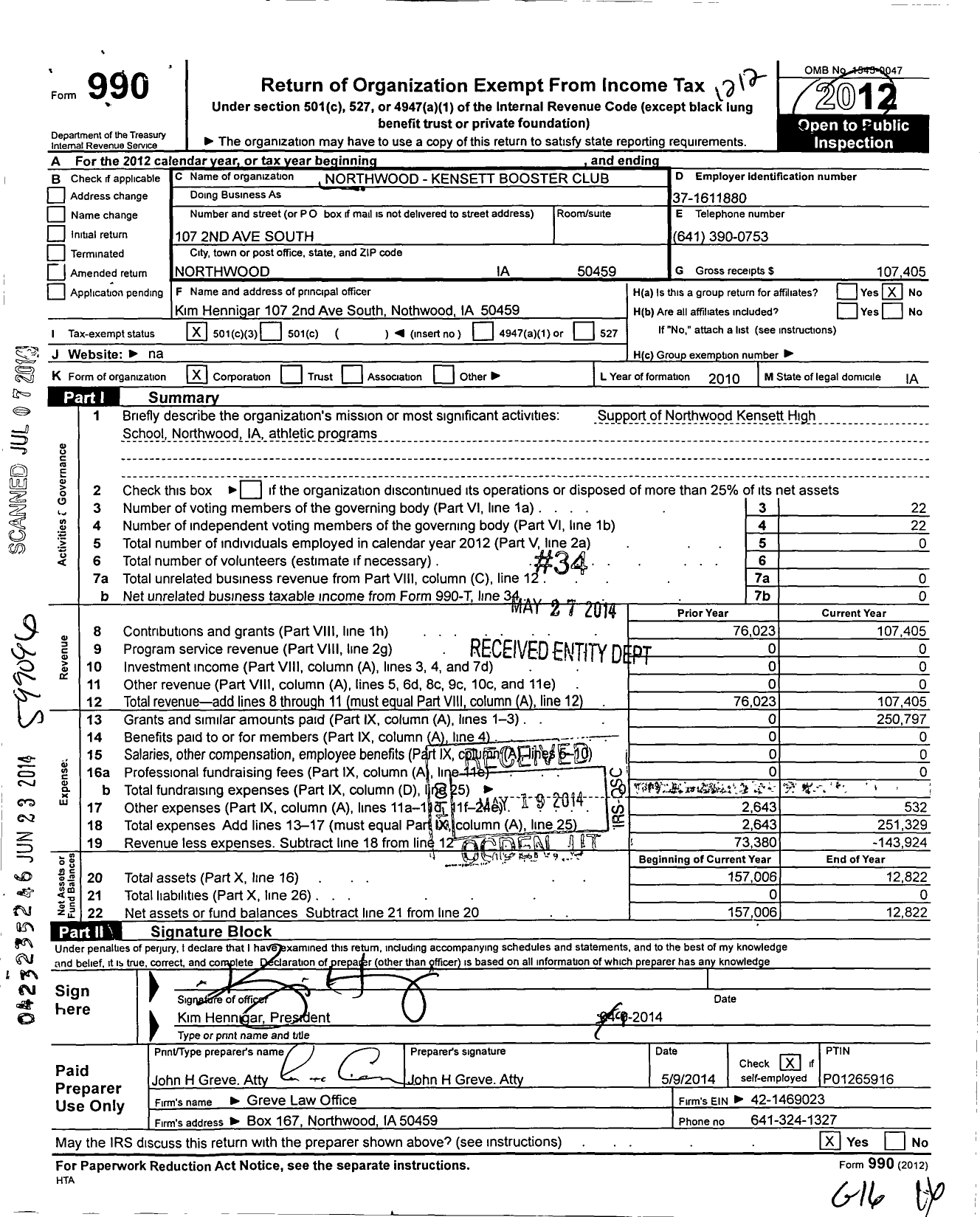 Image of first page of 2012 Form 990 for Northwood-Kensett Booster Club