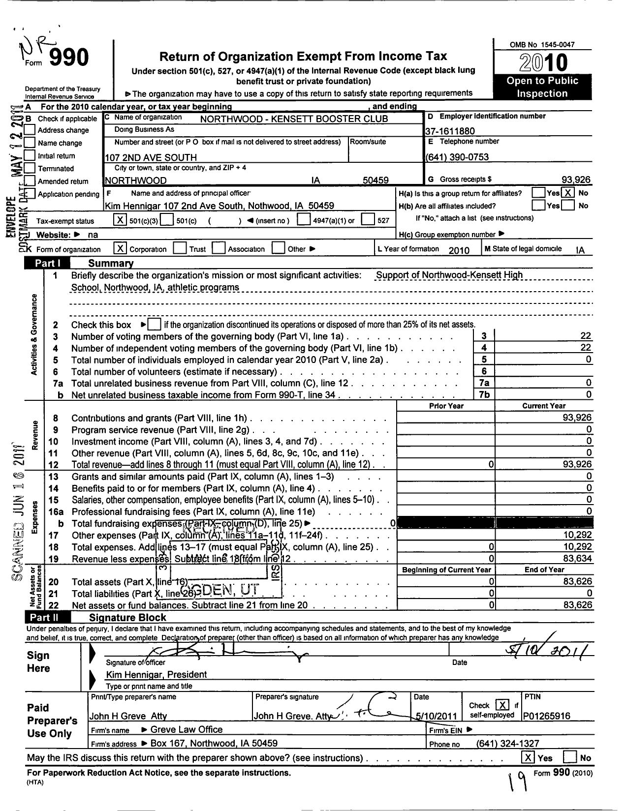 Image of first page of 2010 Form 990 for Northwood-Kensett Booster Club