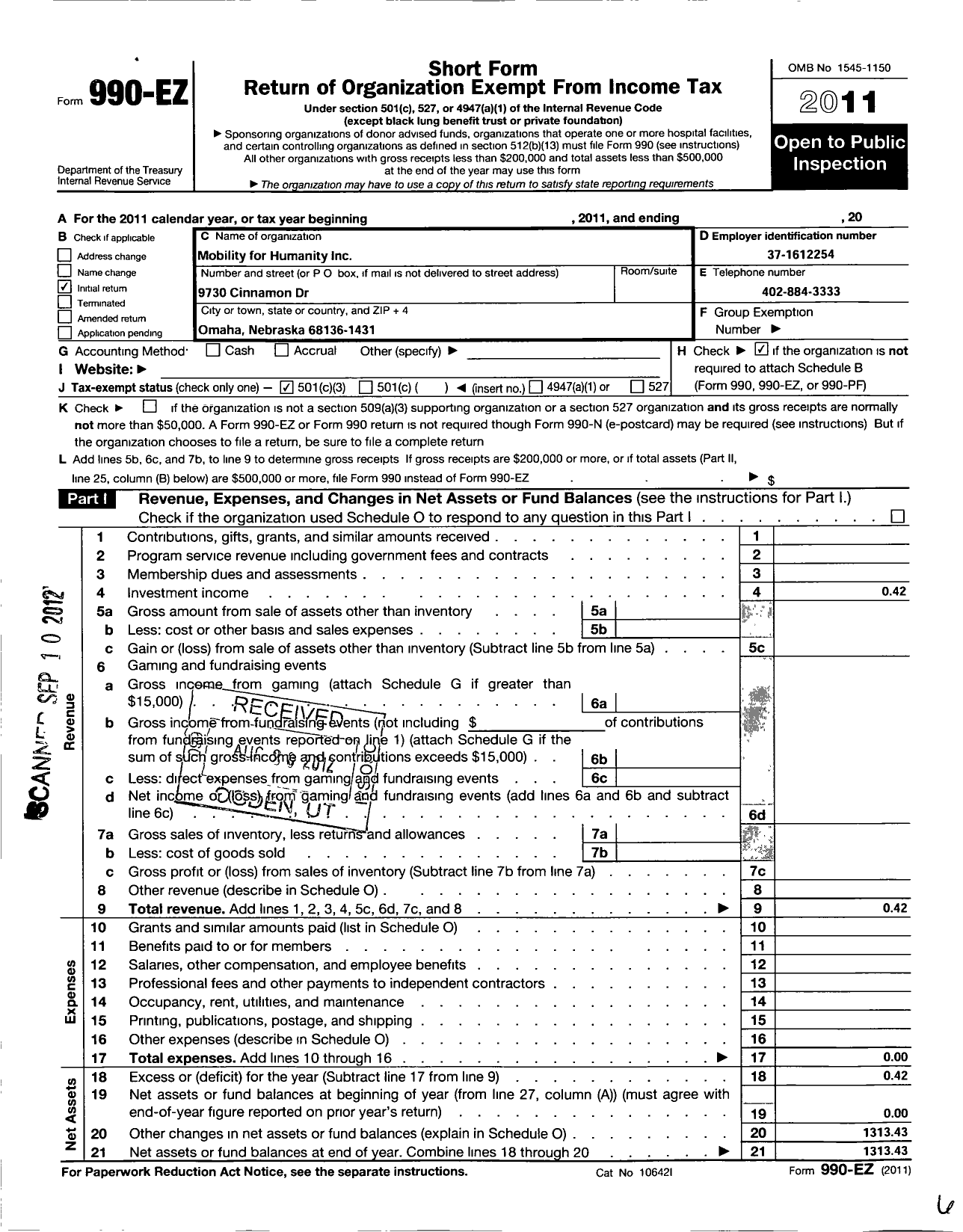 Image of first page of 2011 Form 990EZ for Mobility for Humanity