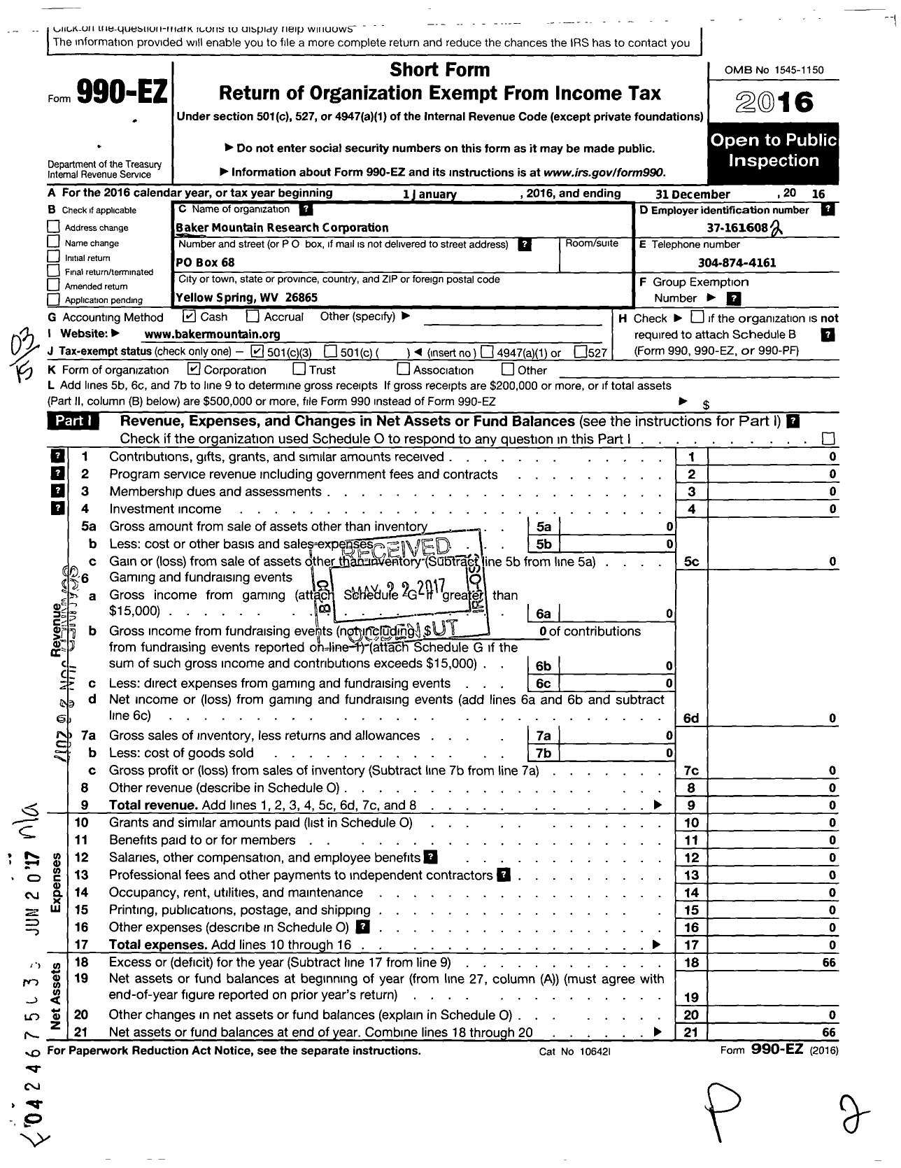 Image of first page of 2016 Form 990EZ for Baker Mountain Research Corporation