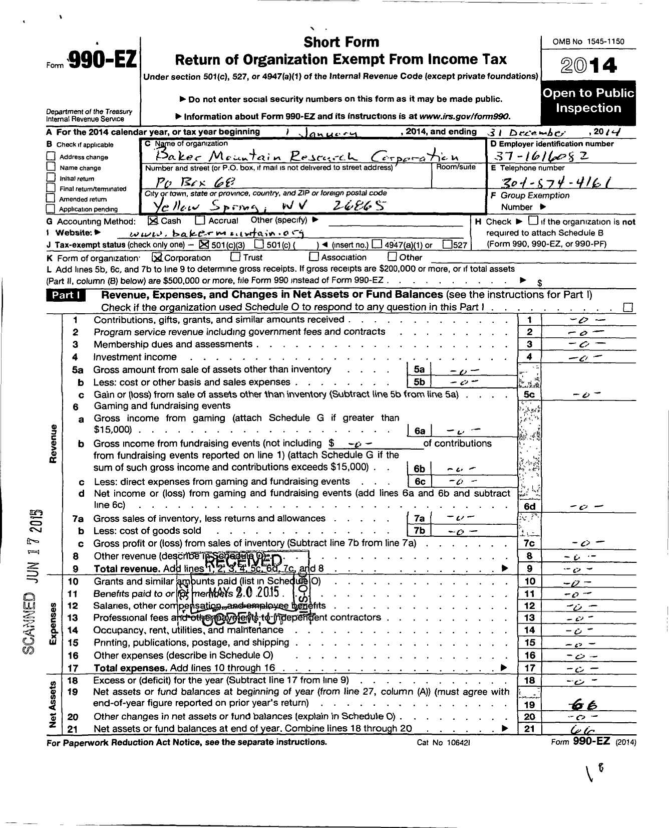 Image of first page of 2014 Form 990EZ for Baker Mountain Research Corporation