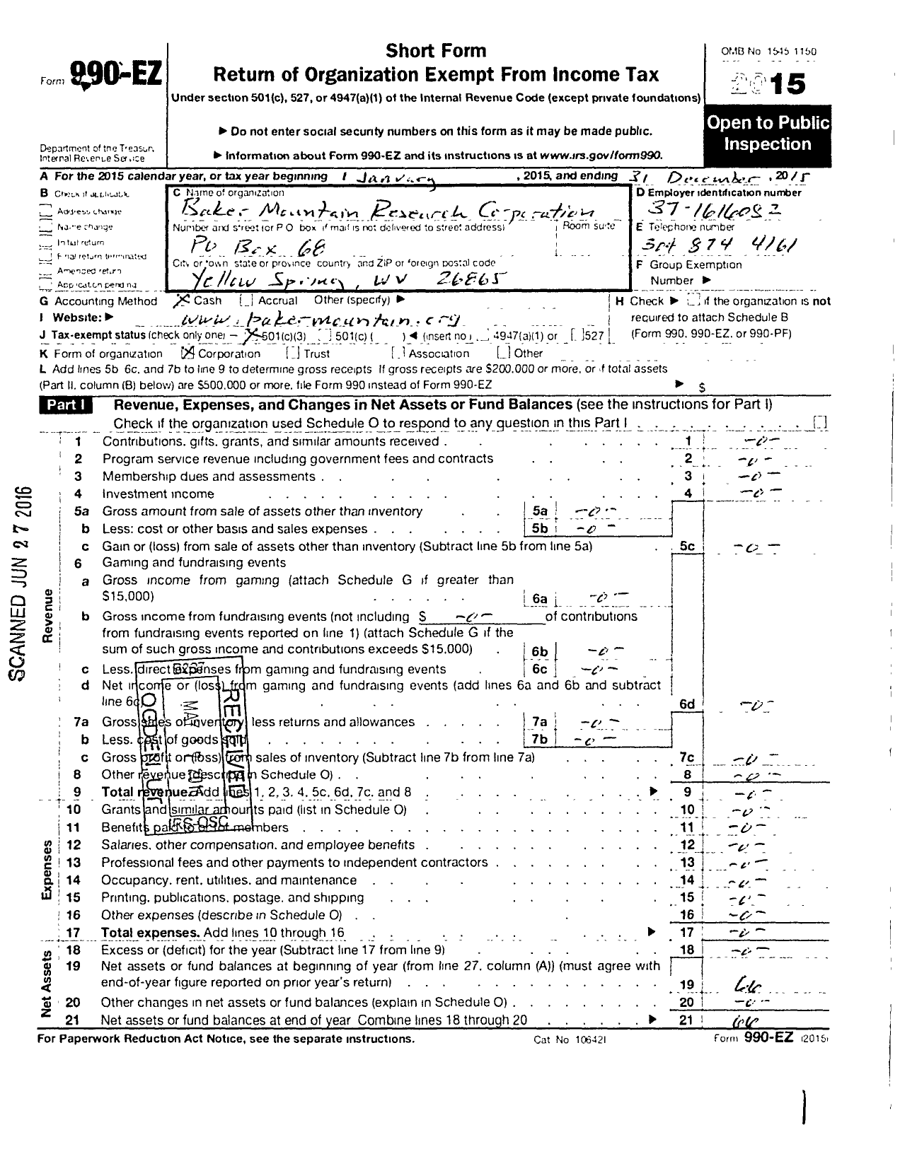 Image of first page of 2015 Form 990EZ for Baker Mountain Research Corporation