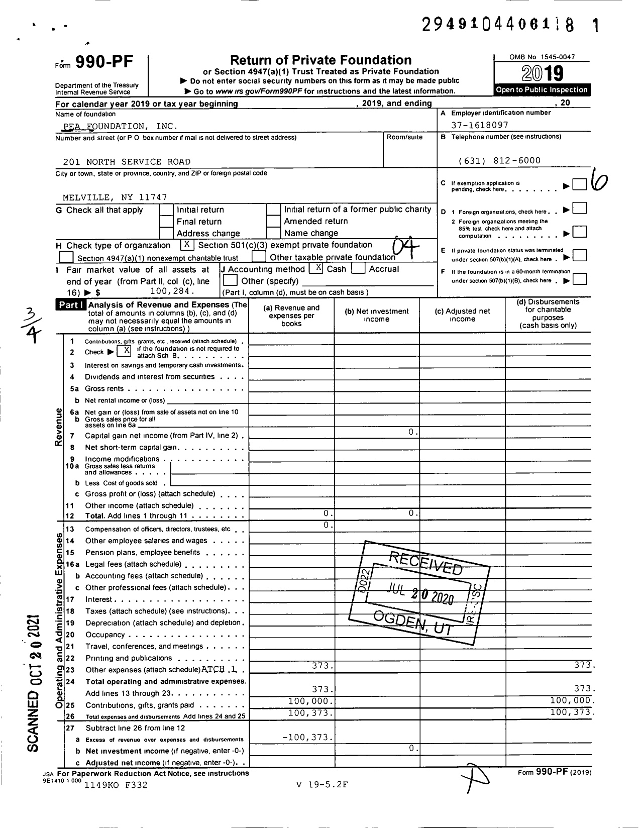 Image of first page of 2019 Form 990PF for Pea Foundation