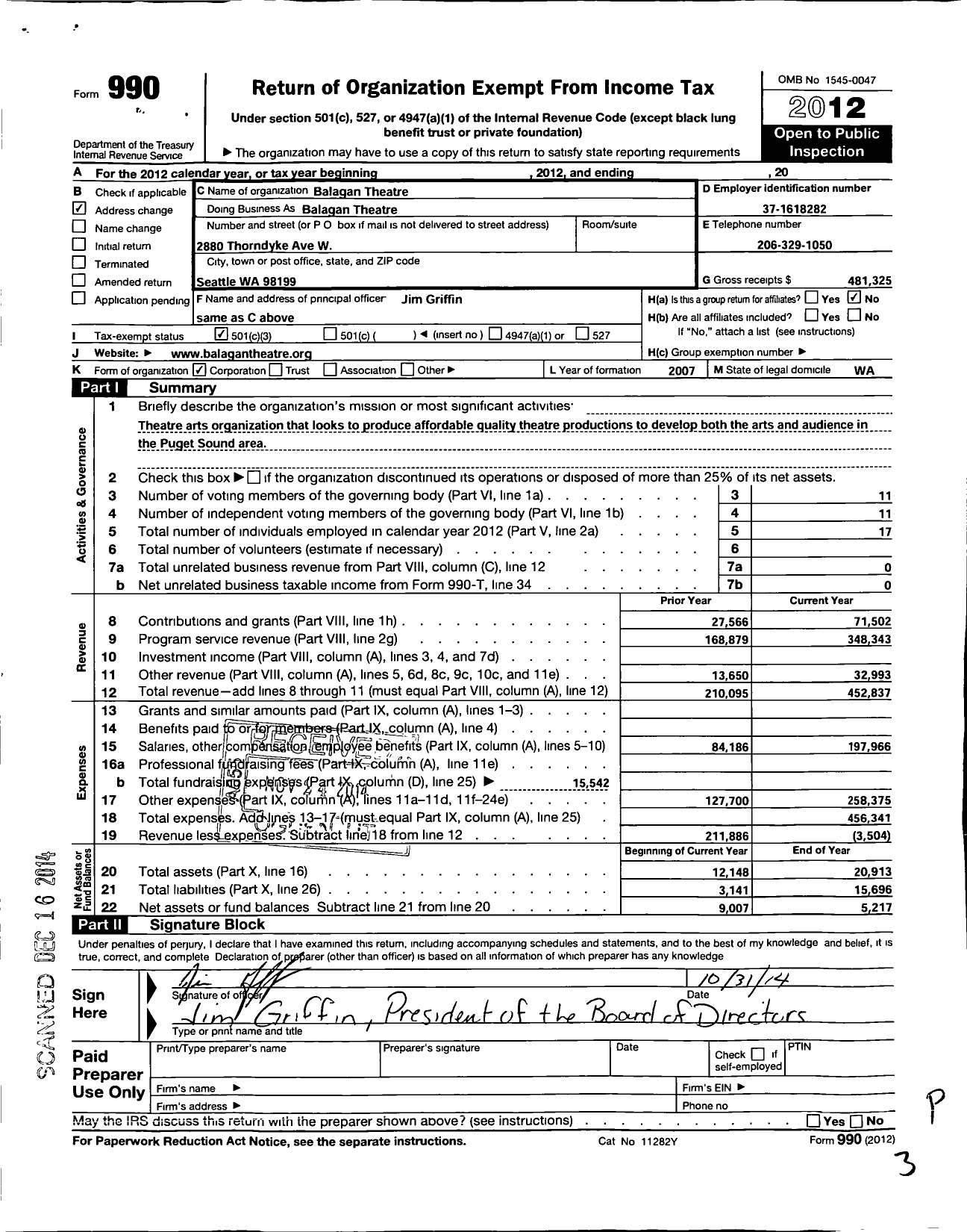 Image of first page of 2012 Form 990 for Balagan Theatre