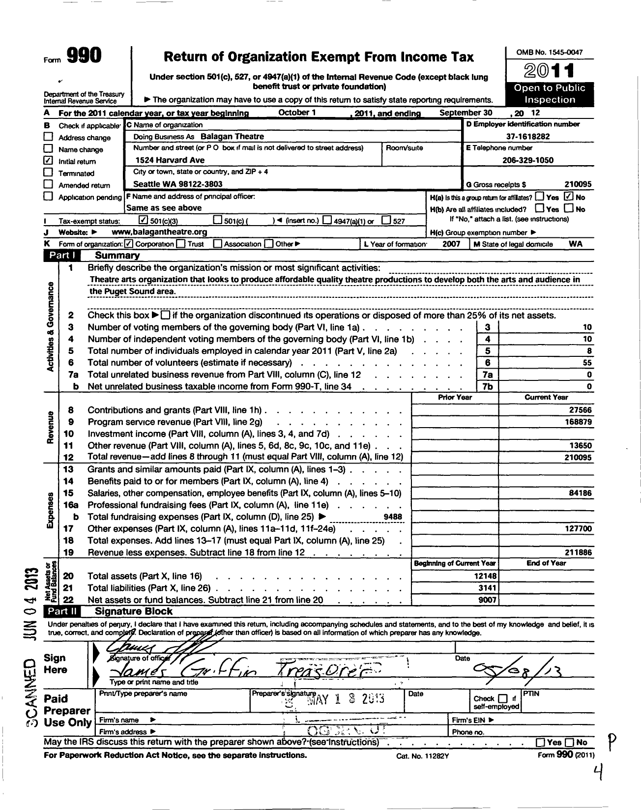 Image of first page of 2011 Form 990 for Balagan Theatre