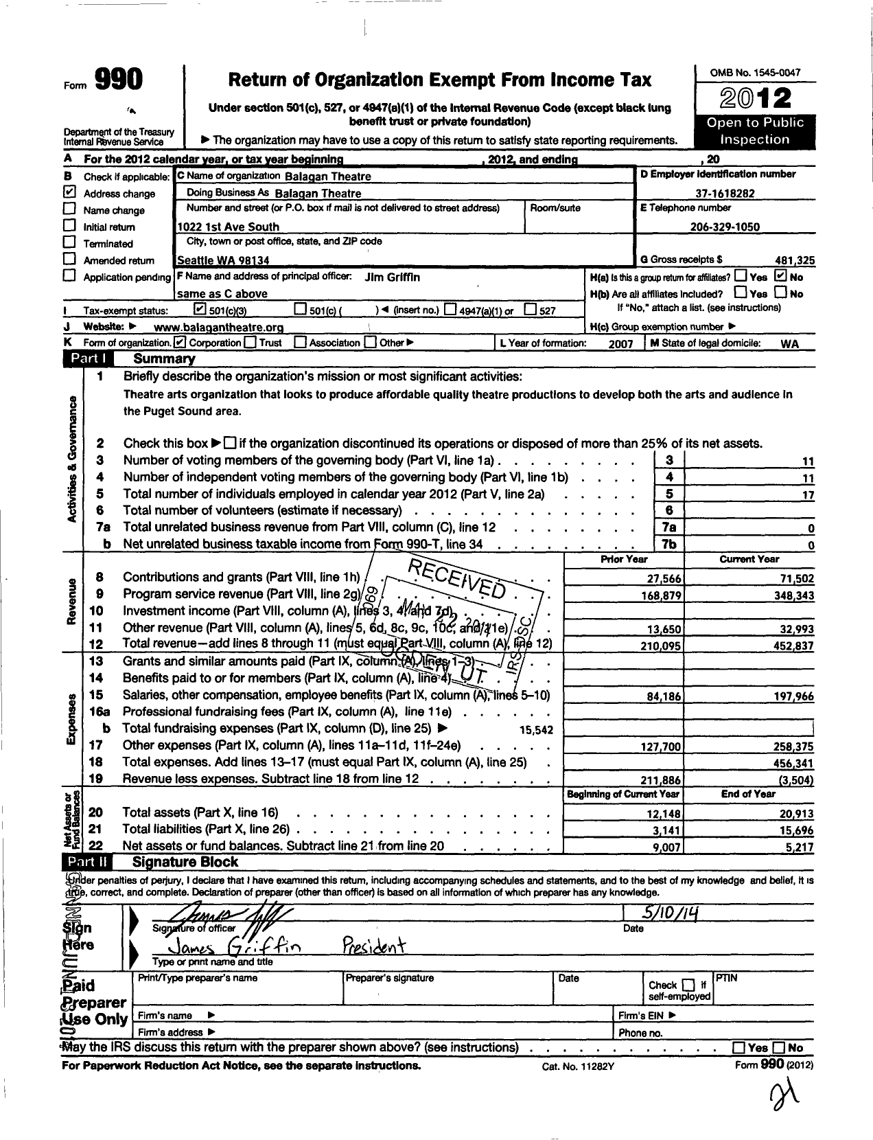 Image of first page of 2012 Form 990 for Balagan Theatre