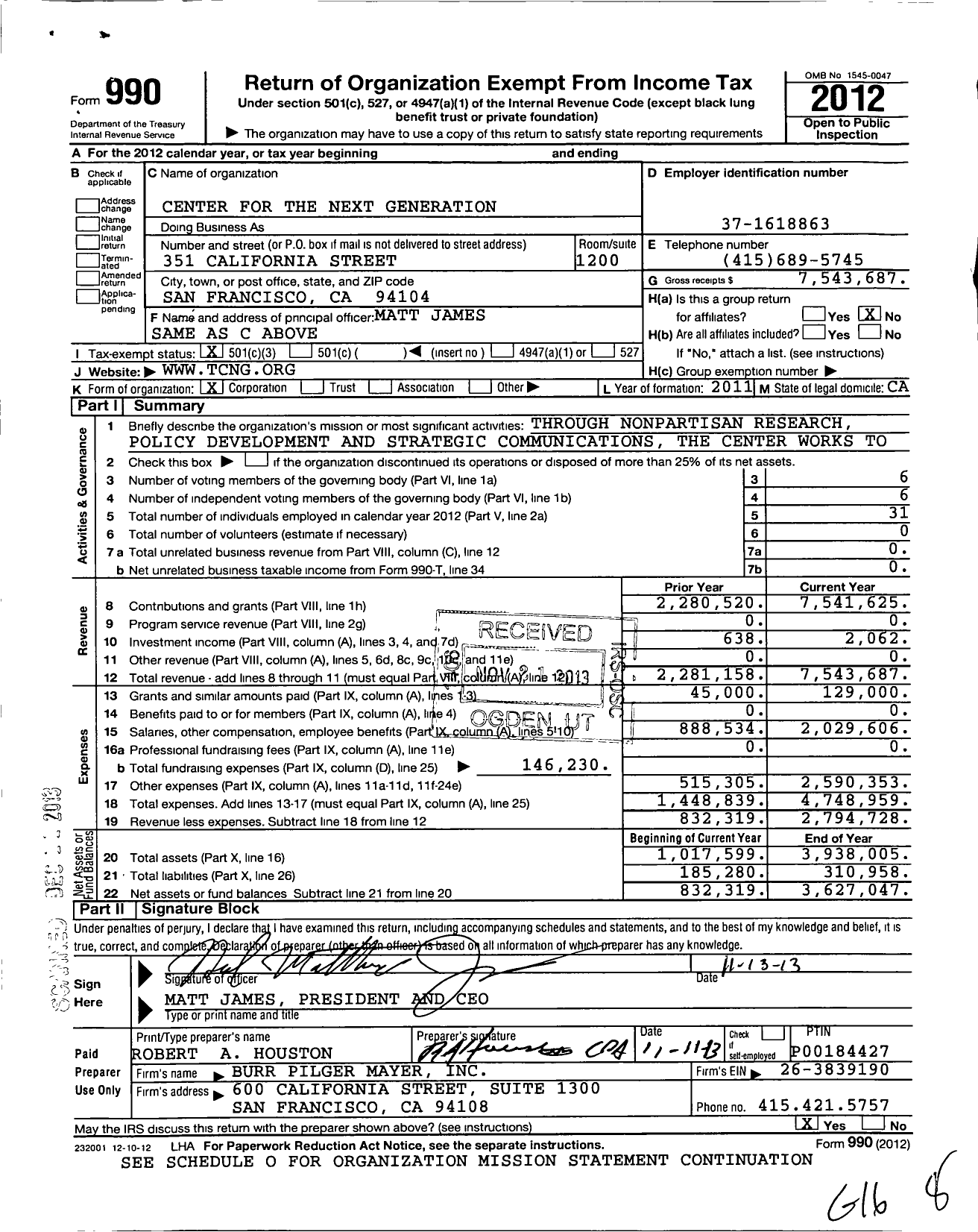 Image of first page of 2012 Form 990 for Center for the Next Generation