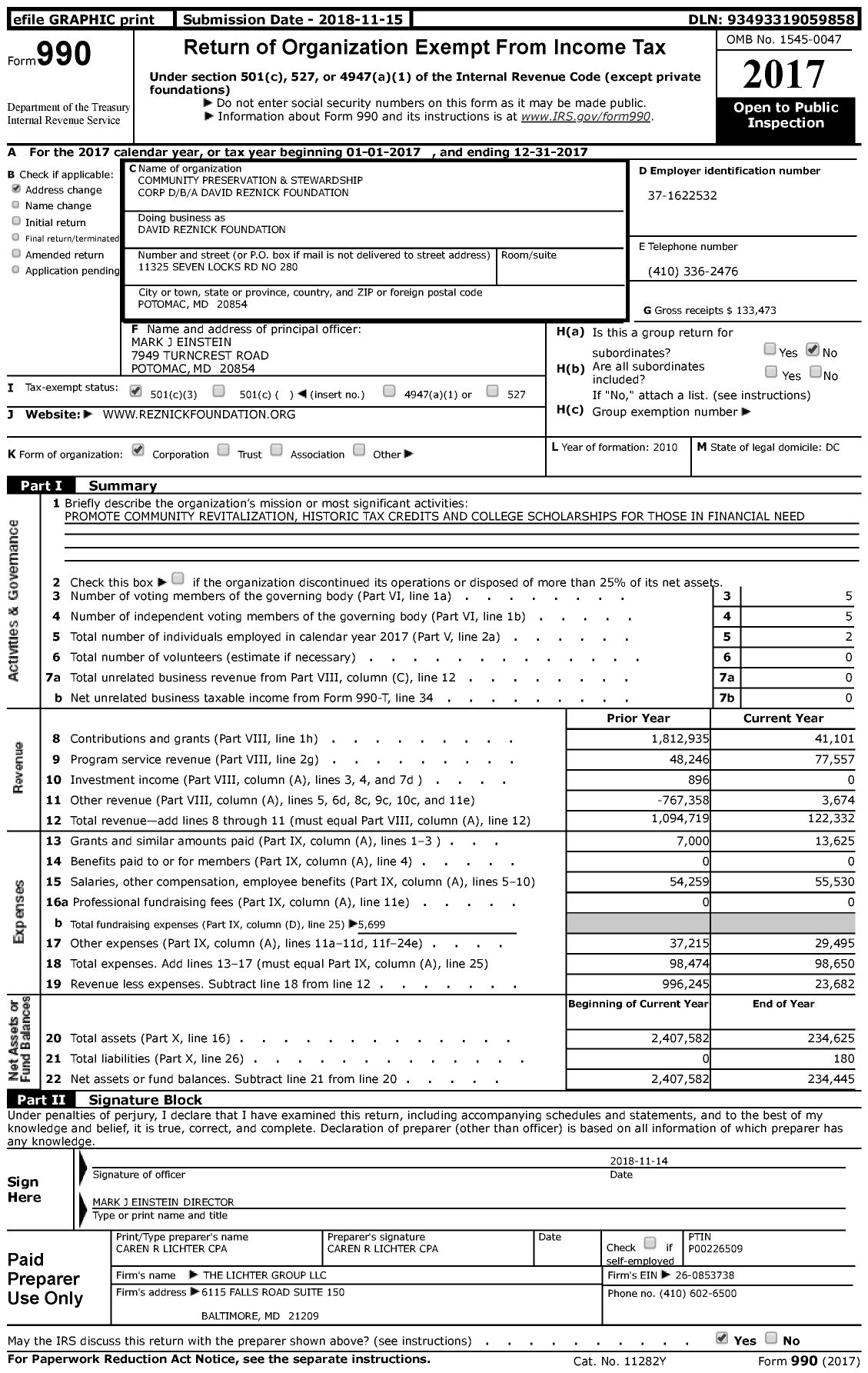 Image of first page of 2017 Form 990 for David Reznick Foundation