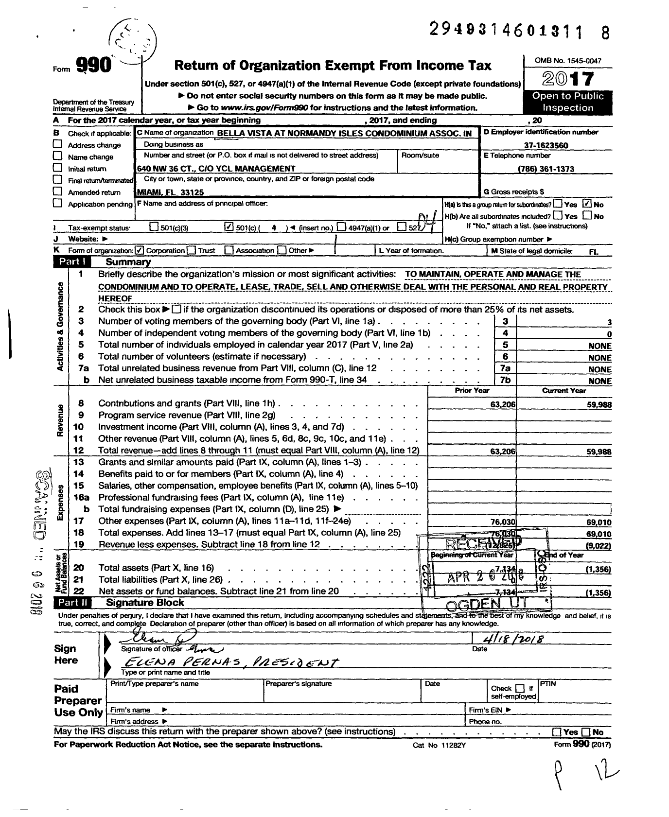 Image of first page of 2017 Form 990O for Bella Vista at Normandy Isles Condominium Association