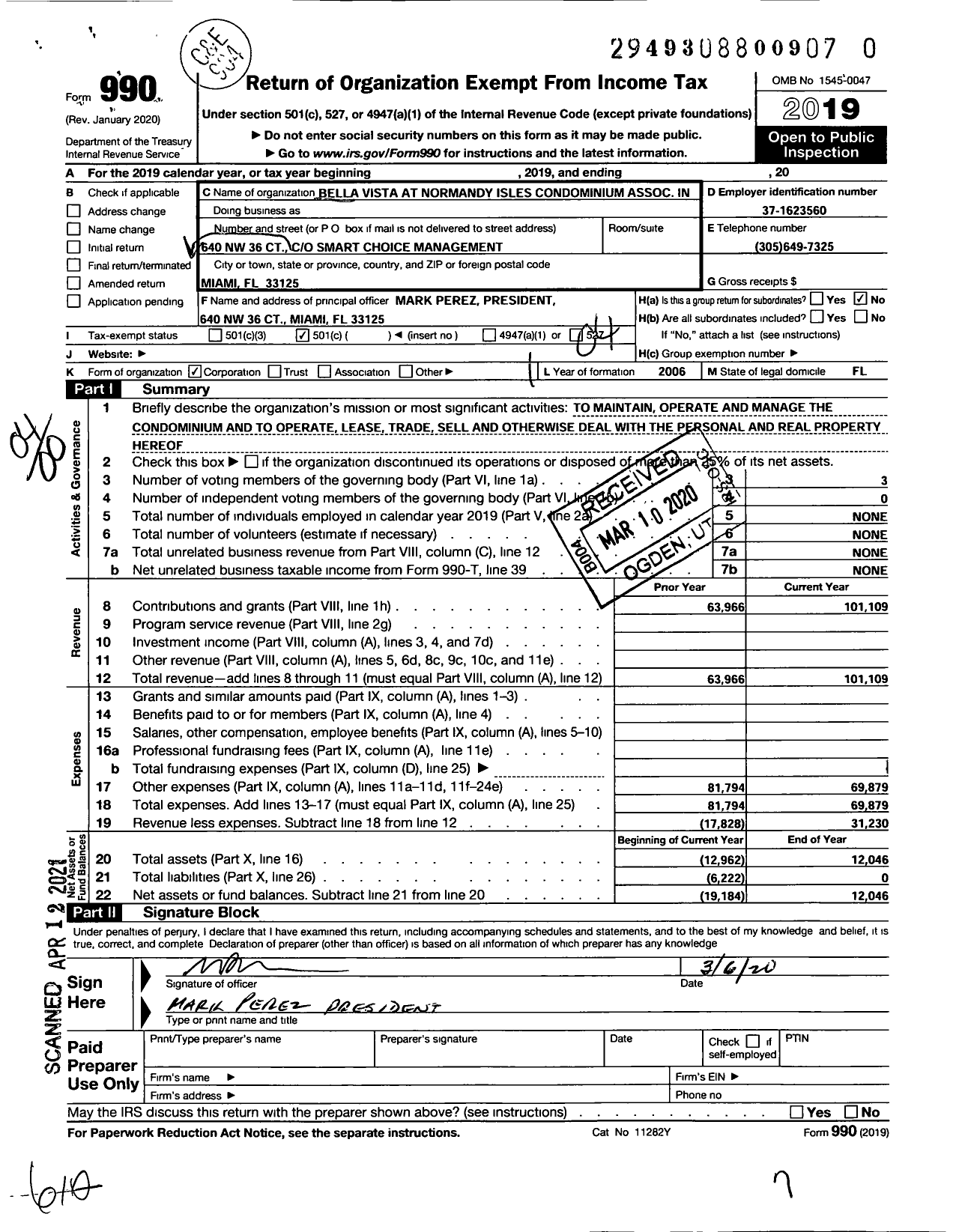 Image of first page of 2019 Form 990O for Bella Vista at Normandy Isles Condominium Association