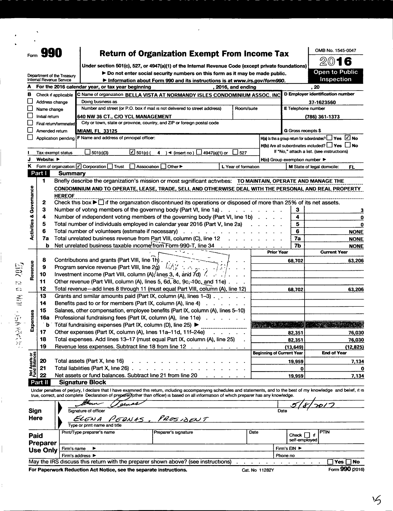 Image of first page of 2016 Form 990O for Bella Vista at Normandy Isles Condominium Association