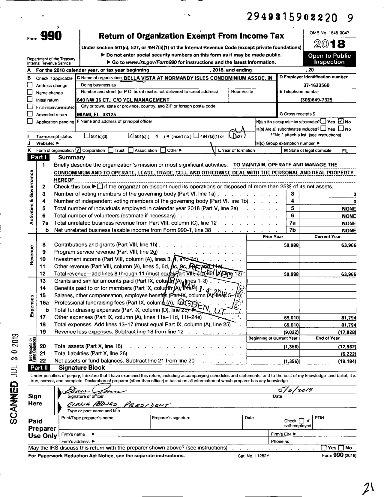 Image of first page of 2018 Form 990O for Bella Vista at Normandy Isles Condominium Association