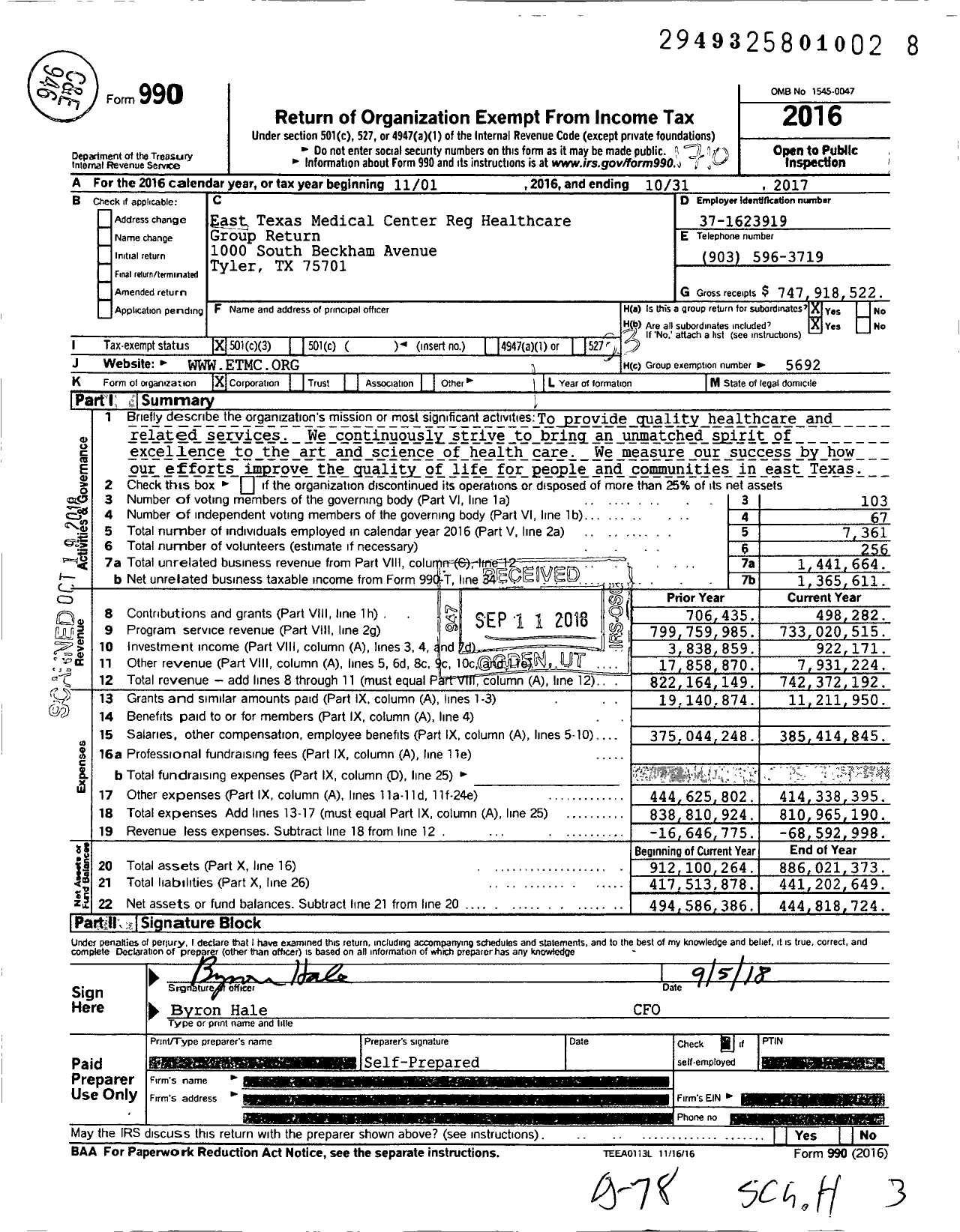 Image of first page of 2016 Form 990 for East Texas Medical Center Reg Healthcare Group Return
