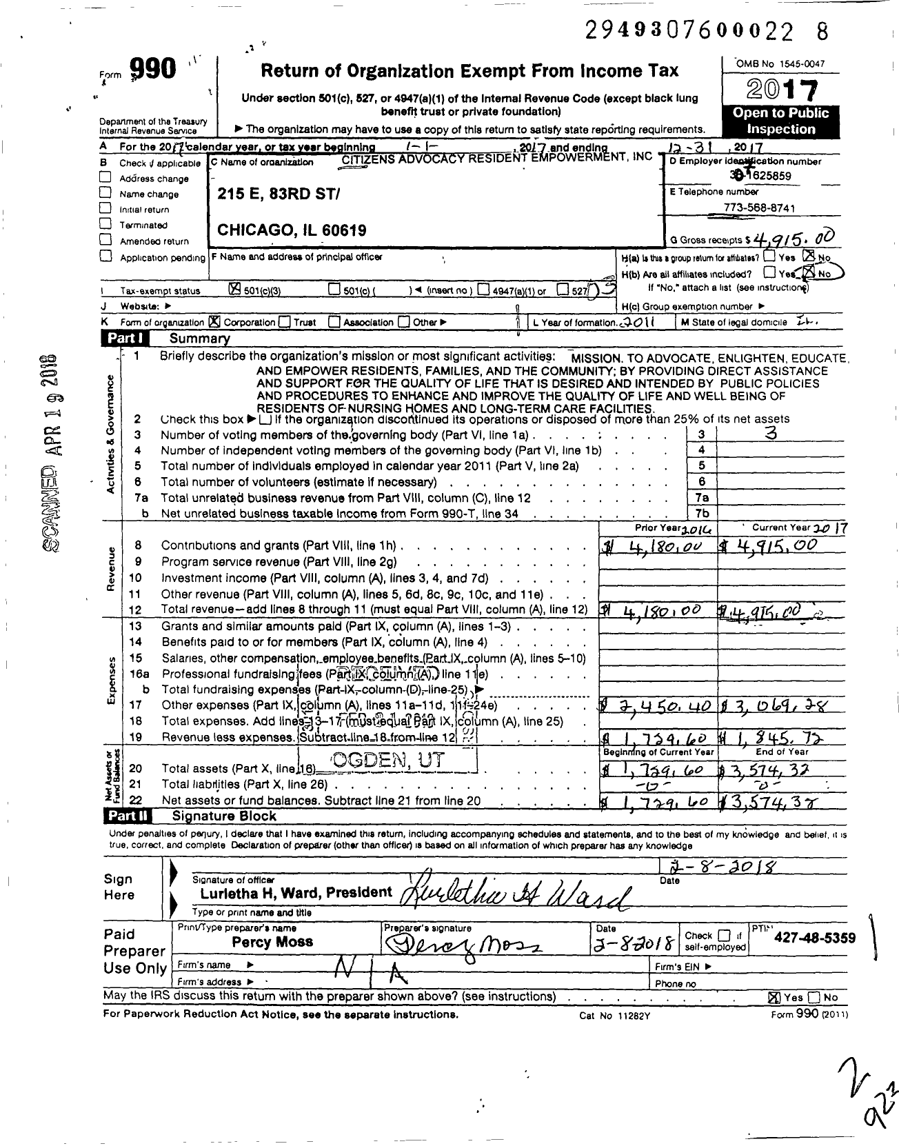 Image of first page of 2017 Form 990 for Citizens Advocacy Resident Empowerment (CARE)