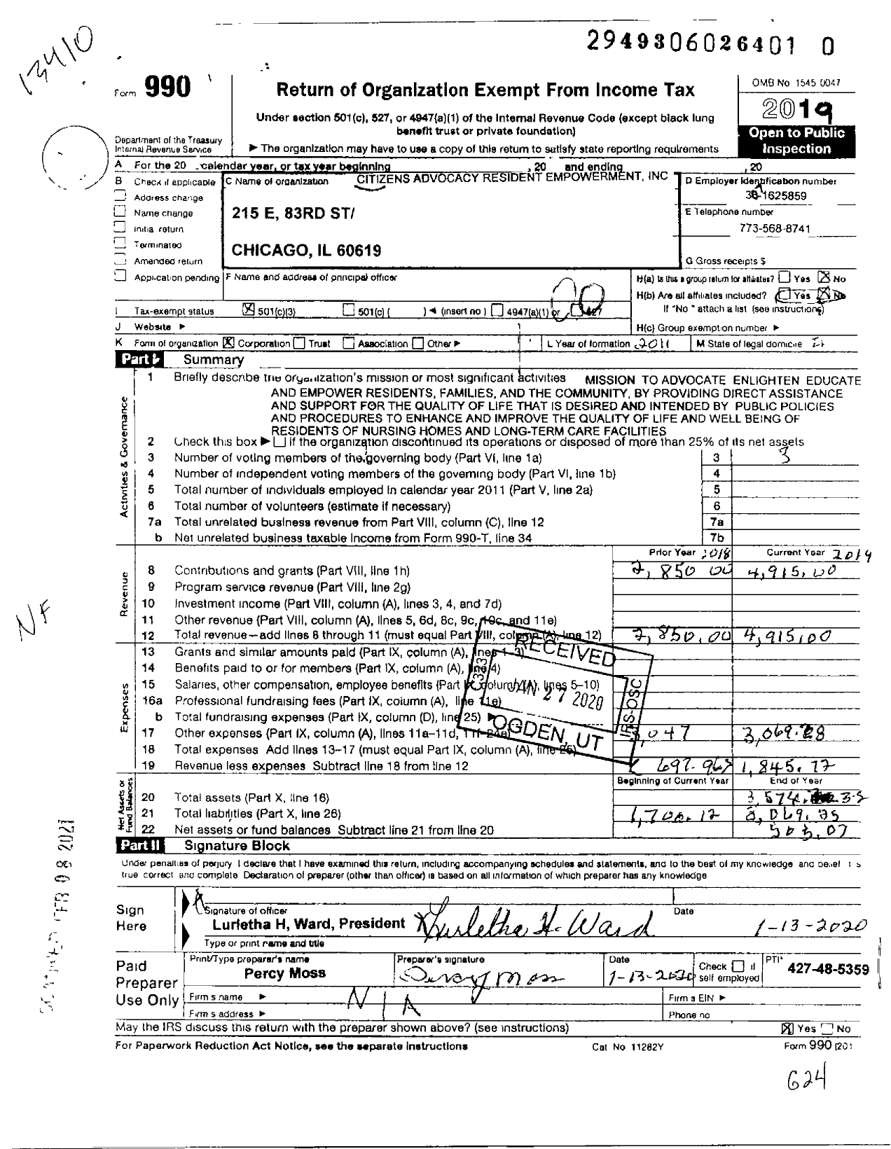 Image of first page of 2019 Form 990O for Citizens Advocacy Resident Empowerment (CARE)