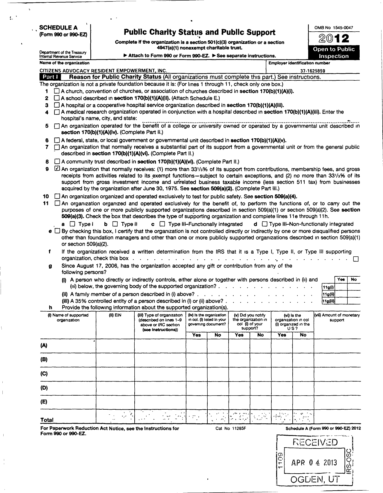 Image of first page of 2012 Form 990R for Citizens Advocacy Resident Empowerment (CARE)