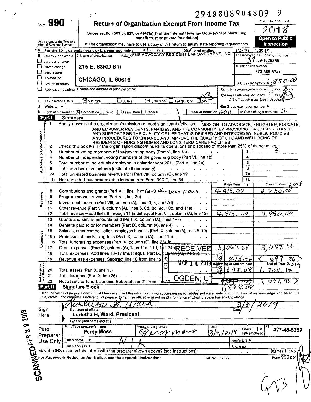 Image of first page of 2018 Form 990 for Citizens Advocacy Resident Empowerment (CARE)