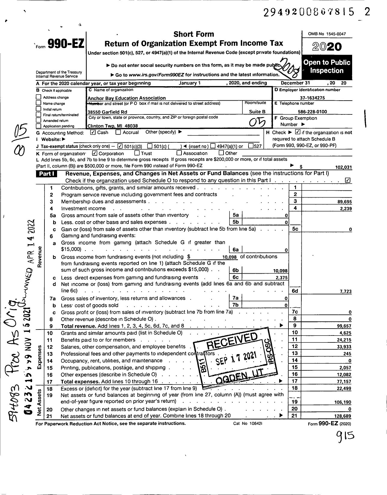 Image of first page of 2019 Form 990EO for Anchor Bay Education Association