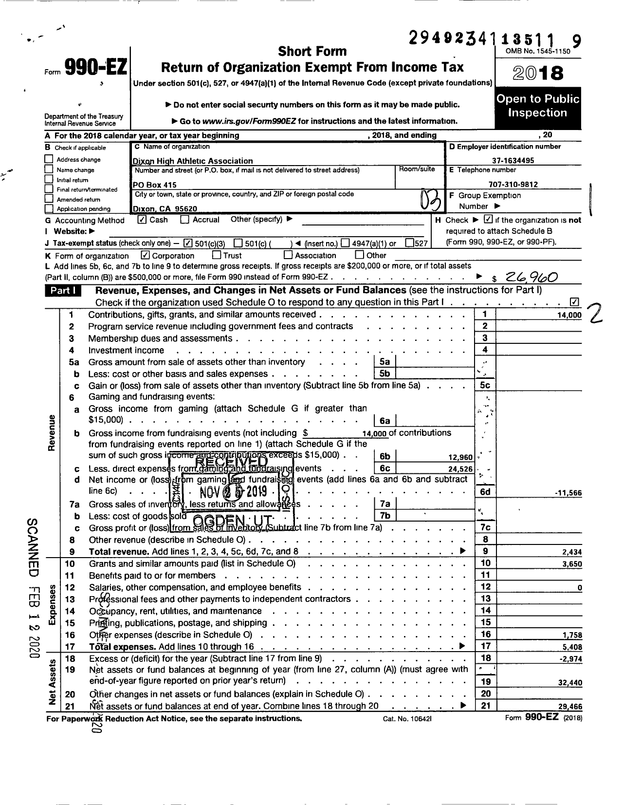 Image of first page of 2018 Form 990EZ for Dixon High Athletic Association