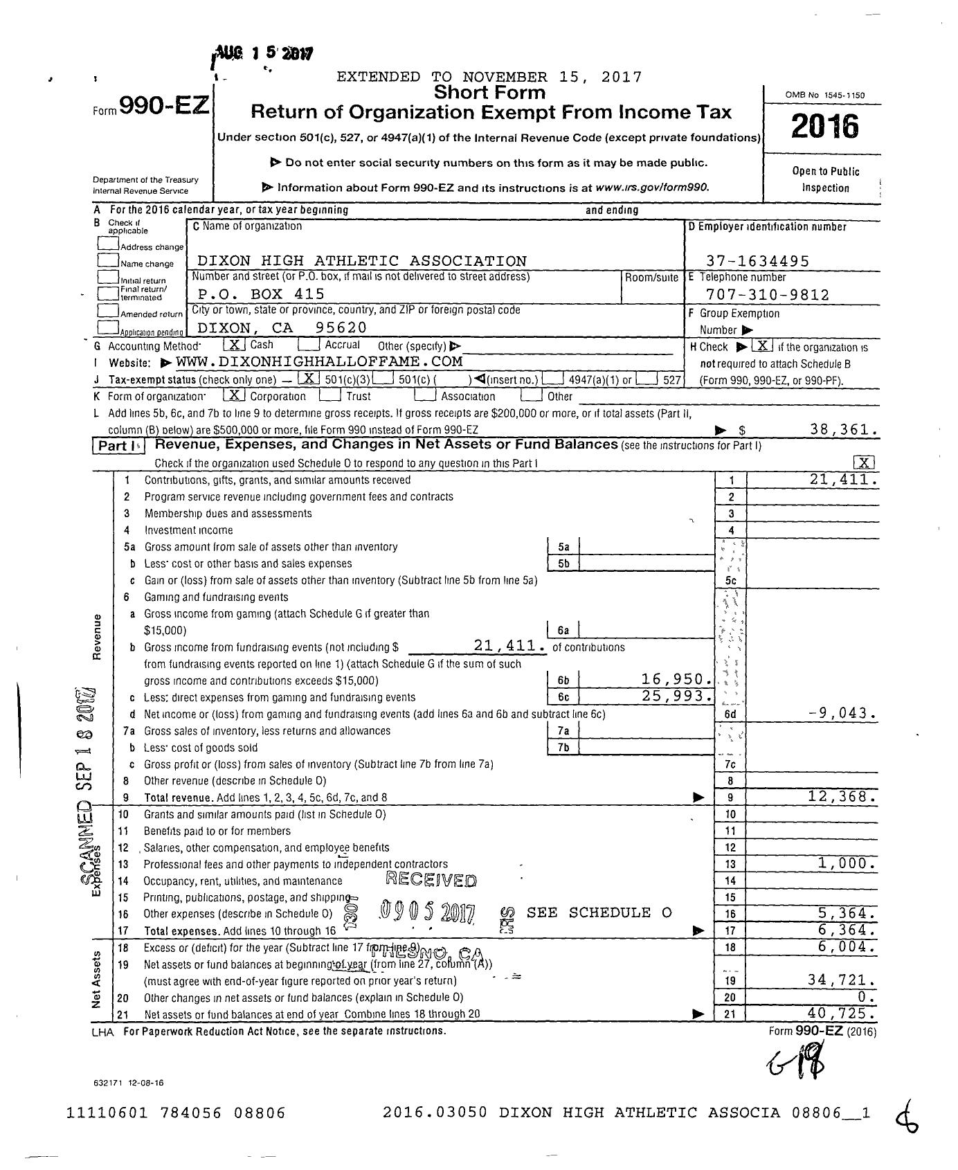 Image of first page of 2016 Form 990EZ for Dixon High Athletic Association