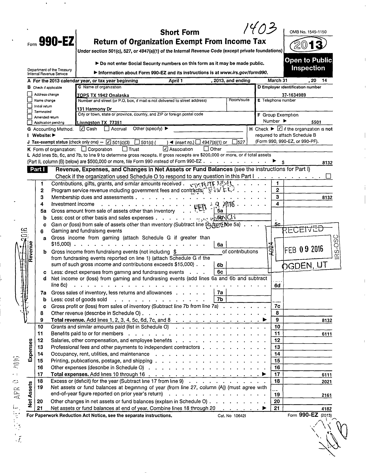 Image of first page of 2013 Form 990EZ for Tops TX 1942 Onalaska