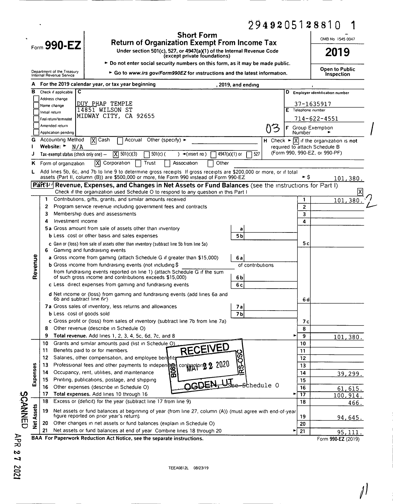 Image of first page of 2019 Form 990EZ for Duy Phap Temple