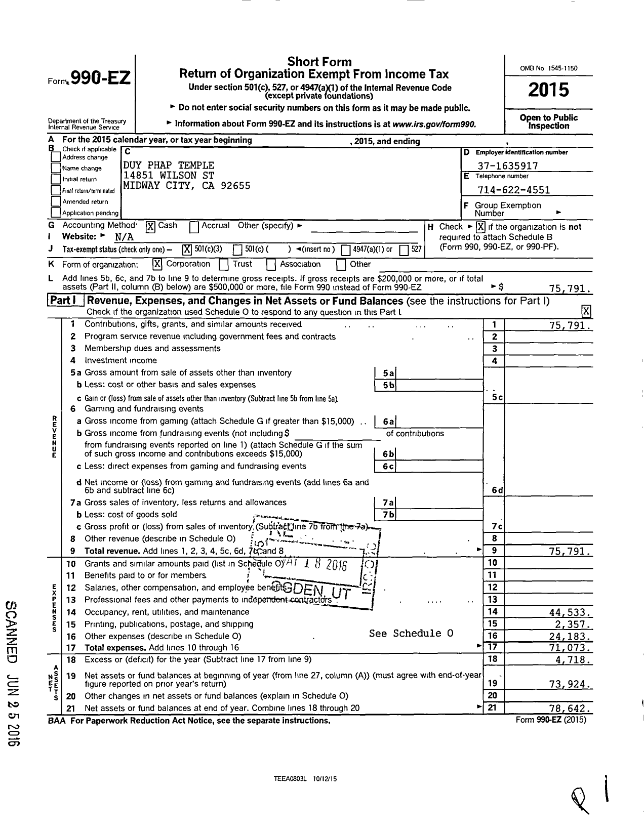 Image of first page of 2015 Form 990EZ for Duy Phap Temple