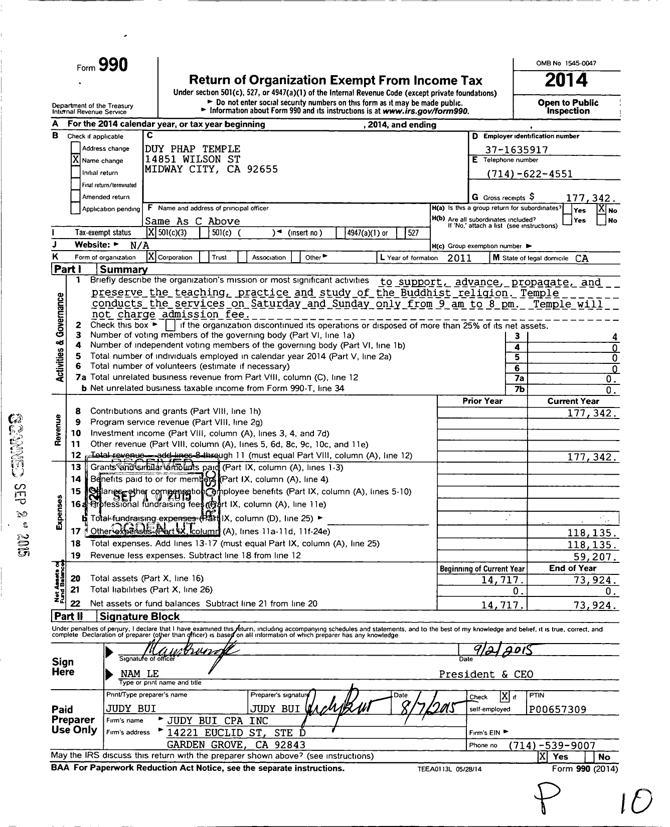 Image of first page of 2014 Form 990 for Duy Phap Temple