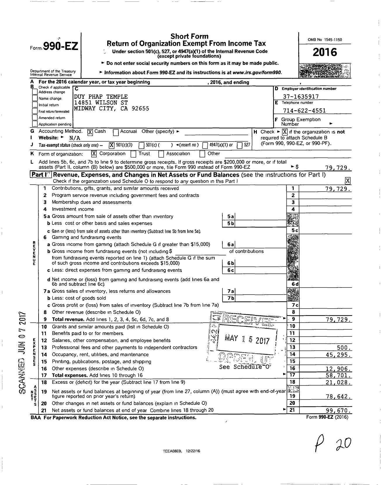 Image of first page of 2016 Form 990EZ for Duy Phap Temple