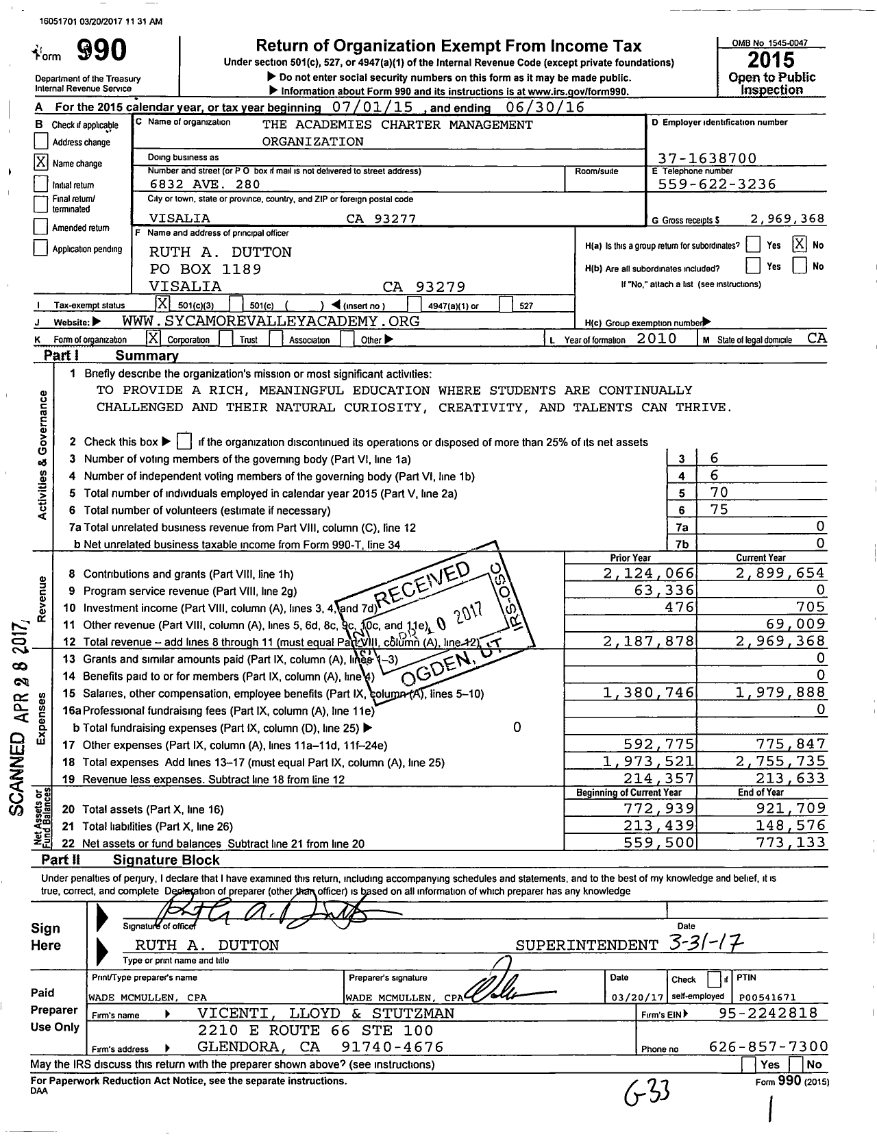 Image of first page of 2015 Form 990 for The Academies Charter Management Organization