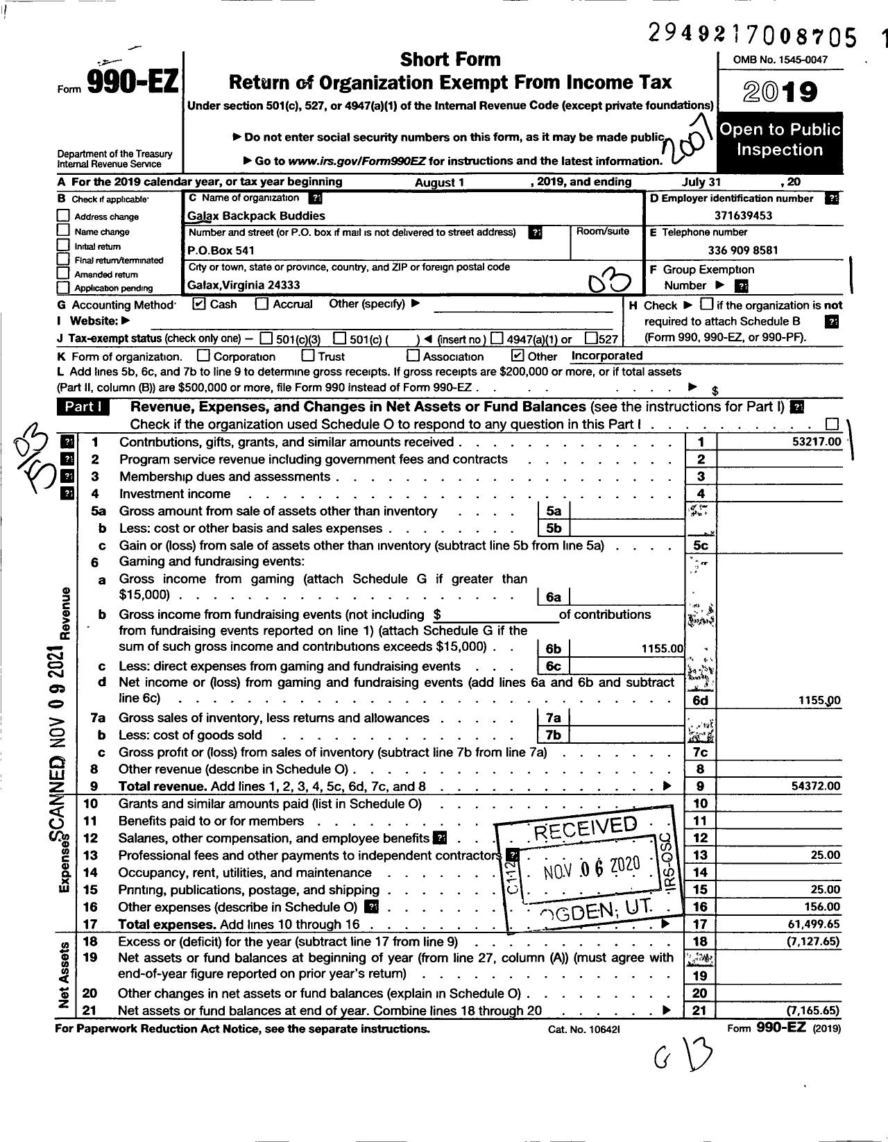 Image of first page of 2019 Form 990EZ for Galax Backpack Buddies