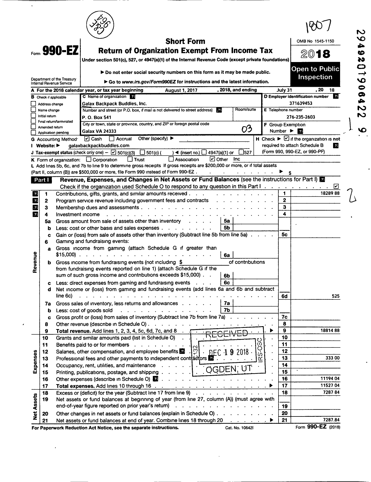 Image of first page of 2017 Form 990EZ for Galax Backpack Buddies