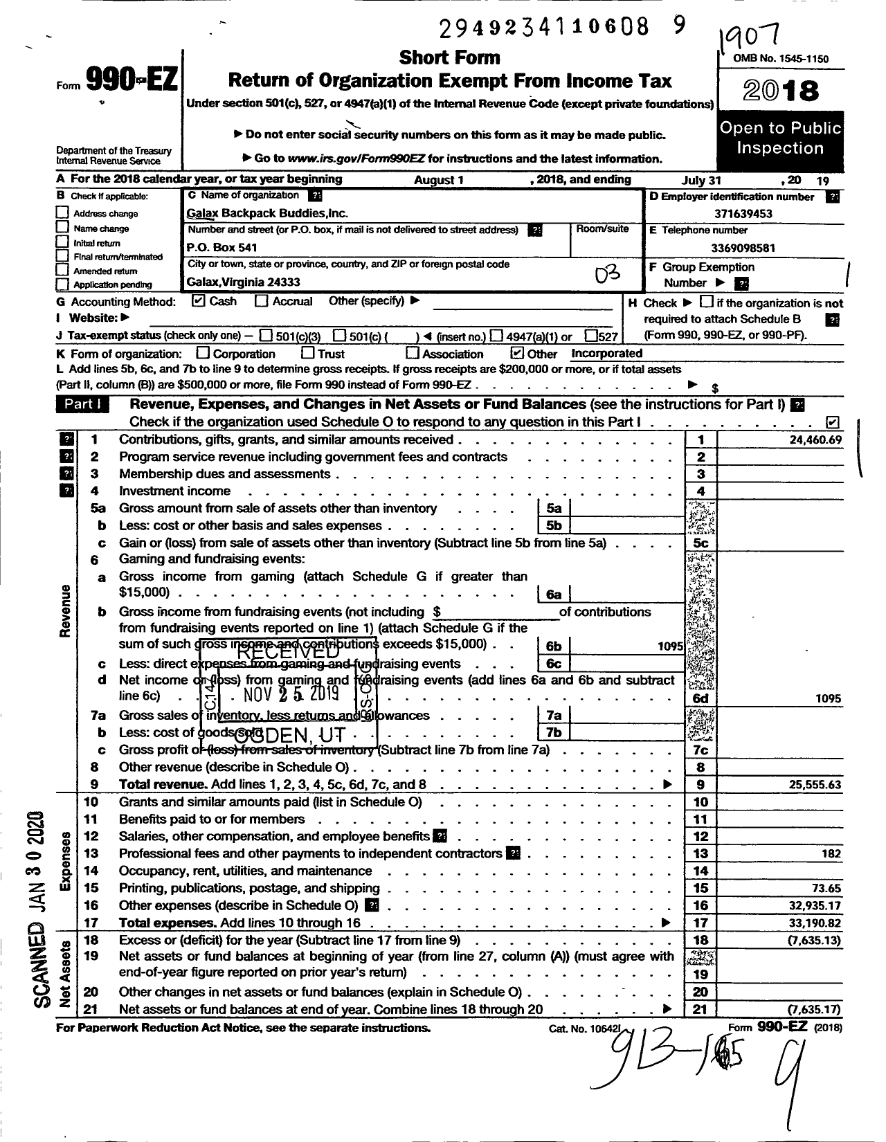 Image of first page of 2018 Form 990EZ for Galax Backpack Buddies