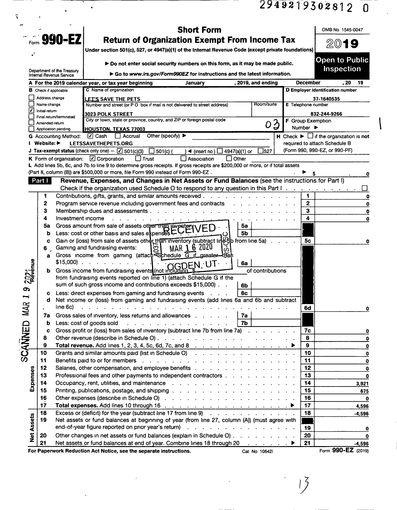 Image of first page of 2019 Form 990EZ for Lets Save the Pets