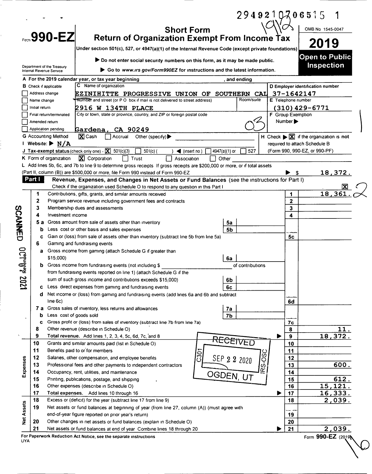 Image of first page of 2019 Form 990EZ for Ezinihitte Progressive Union of Southern California