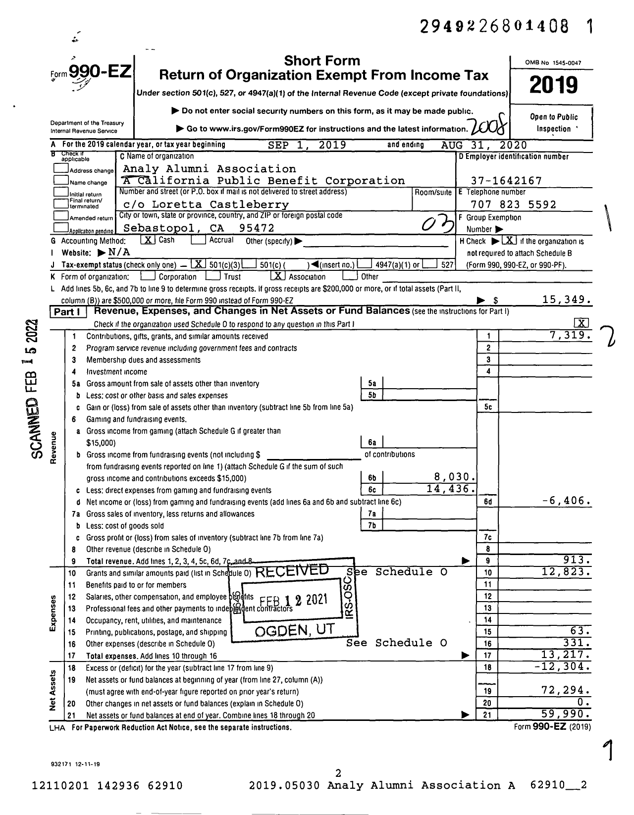 Image of first page of 2019 Form 990EZ for Analy Alumni Association A California Public Benefit Corporation