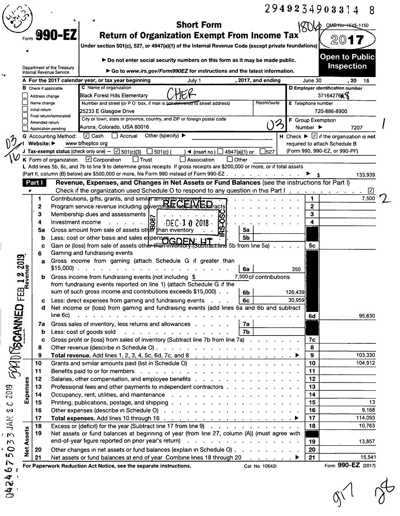 Image of first page of 2017 Form 990EZ for Black Forest Hills Elementary